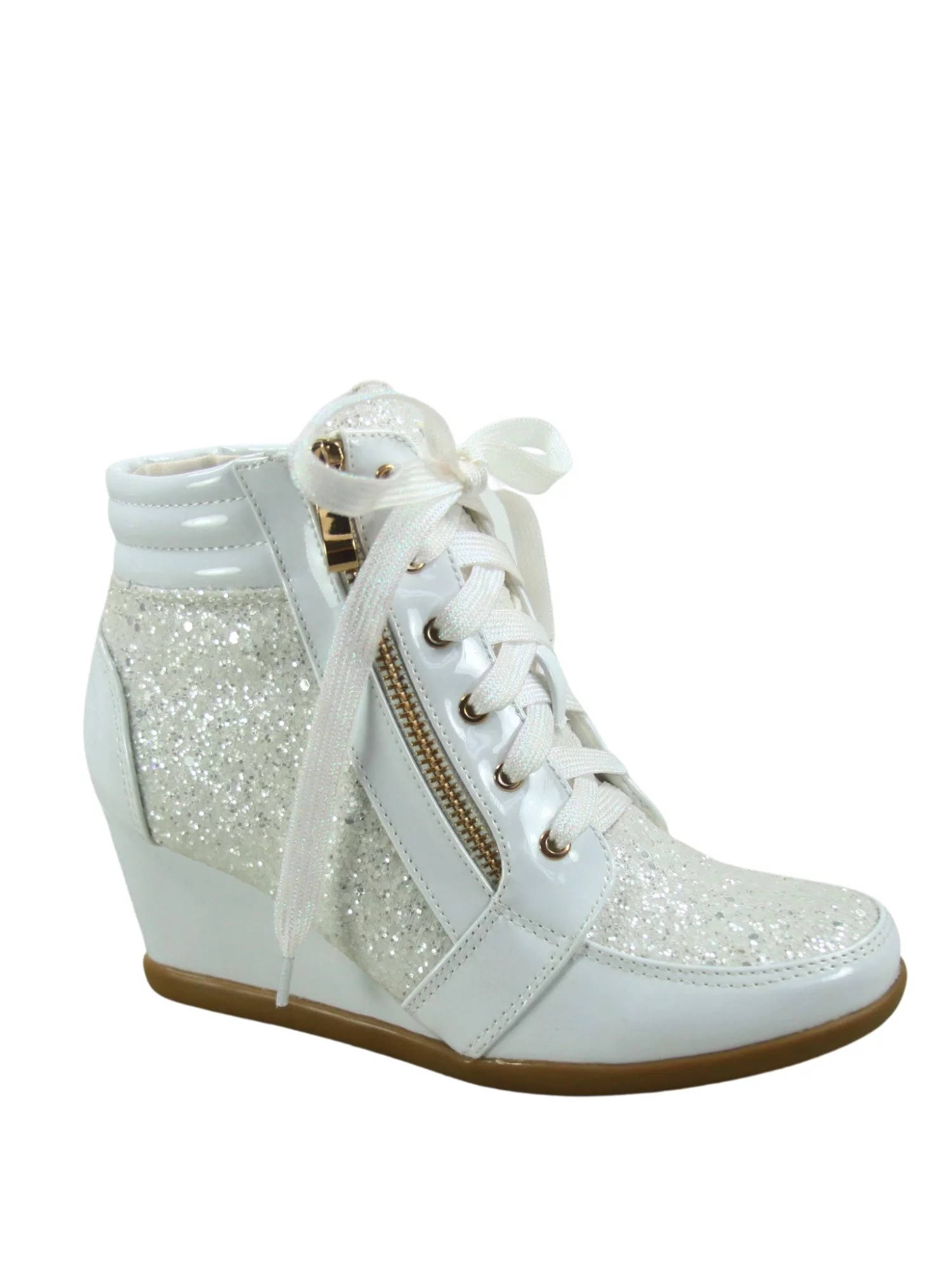 Peggy-44 Women's Glitter Metallic Lace Up Low Top Low Wedge Fashion Sneaker Shoes ( White, 7.5)