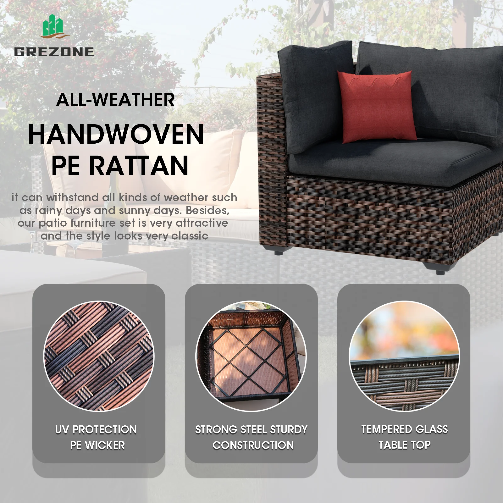 Grezone 9 Pieces Outdoor Patio Furniture, PE Wicker Rattan Sectional Sofa Patio Conversation Sets