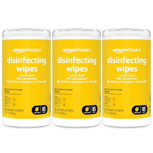 Amazon Basics Disinfecting Wipes, Lemon & Fresh Scent, Sanitizes, Cleans, Disinfects & Deodorizes, 255 Count (3 Packs of 85)