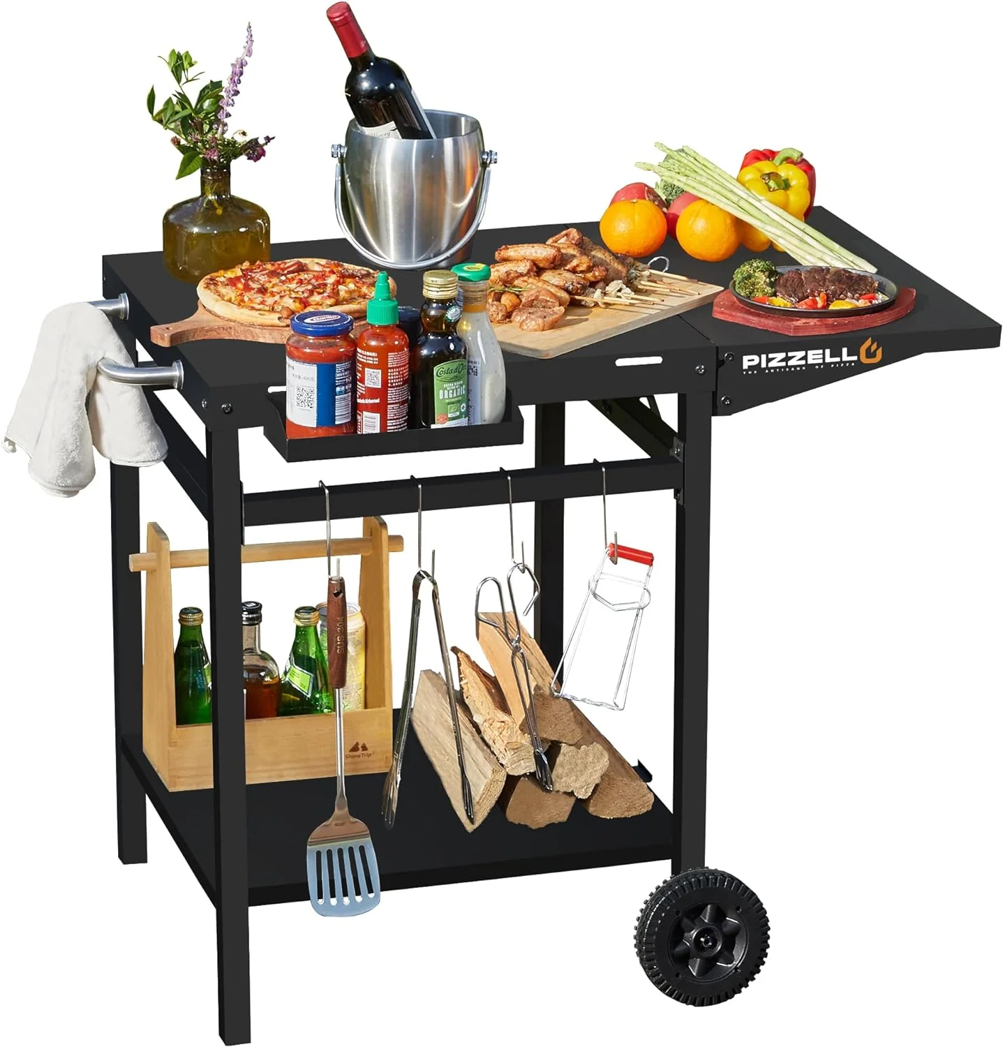 Pizzello Outdoor Grill Pizza Oven Food Prep Bbq Cart Stand Table with Storage Wheels Expandable Countertop, Black