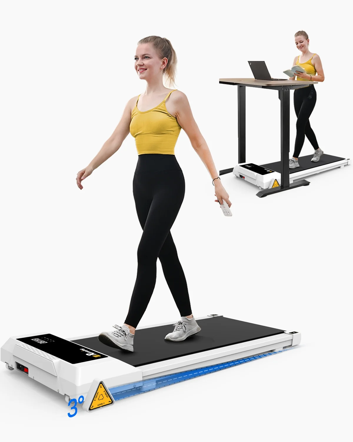 FYC Under Desk Treadmill 2.5HP Electric Walking Pad with Incline/Remote/LED Display, 265LBS Capacity Compact Running Walking Jogging Machine for Home Office Use Installation Free, White
