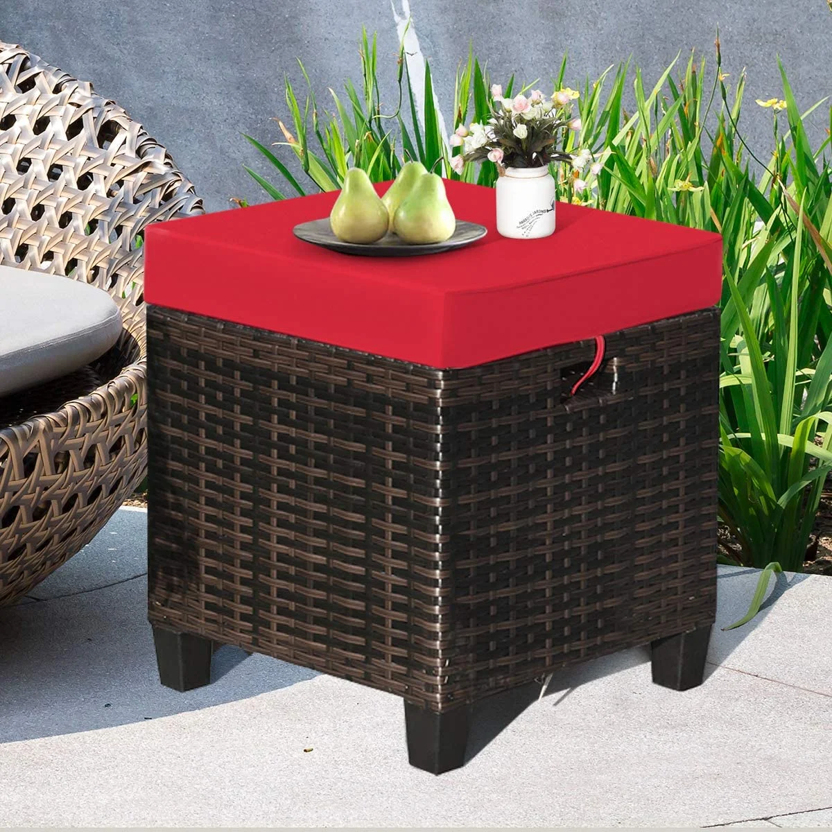 2 Pieces Outdoor Patio Ottoman, All Weather Rattan Wicker Ottoman Seat, Patio Rattan Furniture, Outdoor Footstool Footrest Seat w/ Removable Cushions
