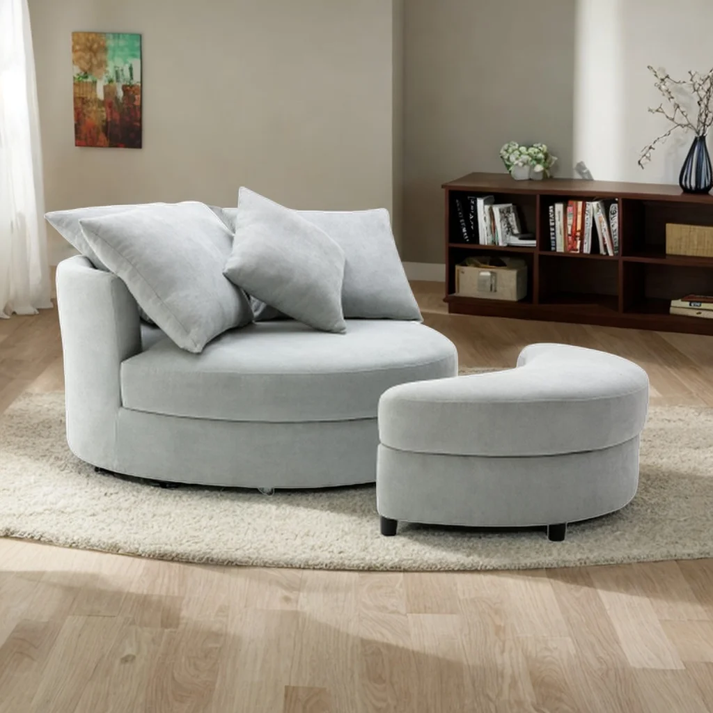 360° Swivel Accent Barrel Chair with Storage Ottoman & 4 Pillows, Modern Linen Leisure Chair Round Accent for Living Room (Beacon Gray)