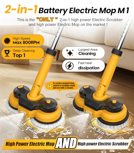 qimedo 6000mAh Battery Electric Mop M1, 800RPM Cordless Electric Power Scrubber & Mops for Floor Cleaning, Best Automatic Spin Mops with Smart Display,Rotating Mop with LED Light & Water Spray