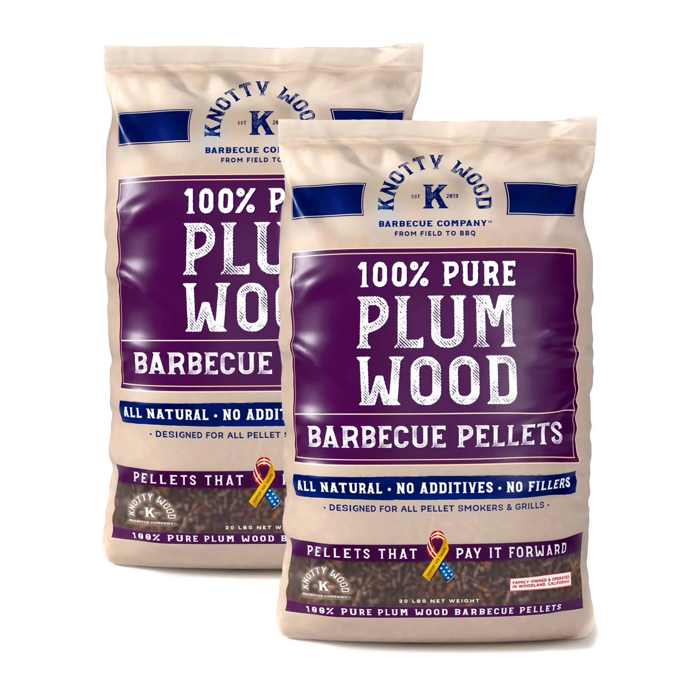 Knotty Wood Barbecue Plum Wood Cooking Pellets BBQ Smoker 100% Pure Natural Ingredients No Fillers Oils or Additives Sweet Smoke All Meats Two 20# Bags, 40 lbs Total