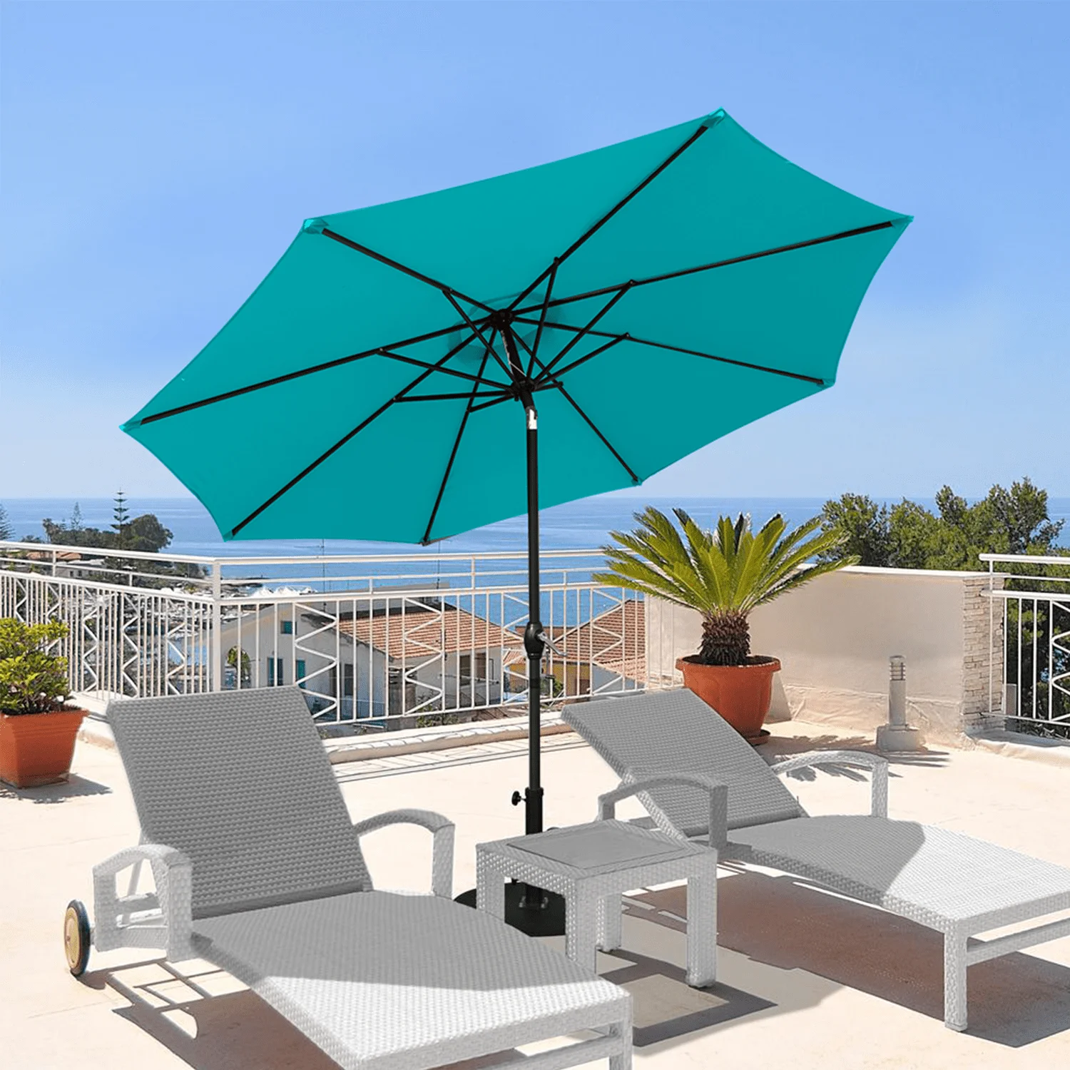 Lacoo 9' Blue Patio Umbrella Outdoor Market Table Umbrella with Push Button Tilt, 8 Sturdy Ribs