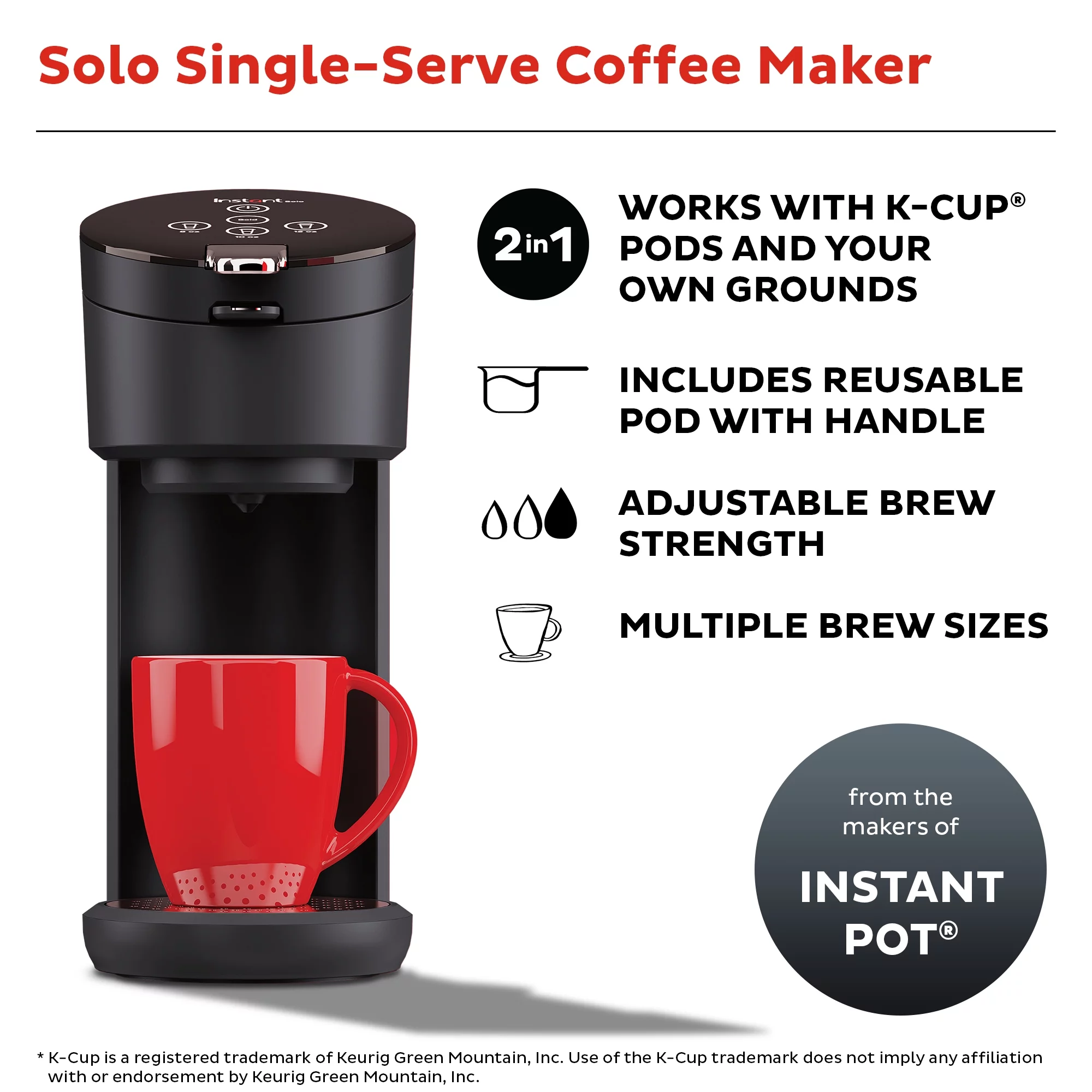 Instant Solo 2-in-1 Single Serve Coffee Maker for Ground Coffee or K-Cup Pods with 3 Brew Sizes, Black