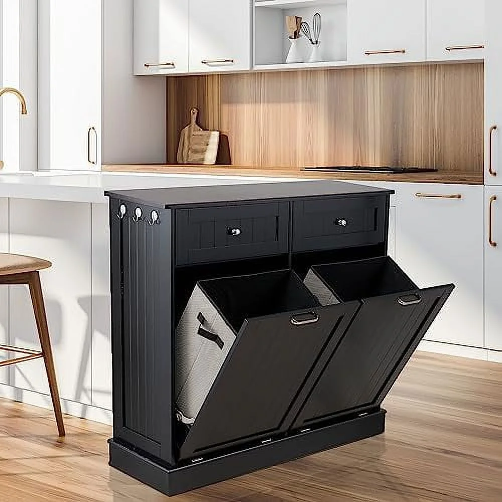 RUNFAYBIU Double Tilt Out Trash Cabinet   Free Standing Laundry Hamper with Hideaway Drawer  Bag  20 Gallon Pet Proof  for Living Room Black