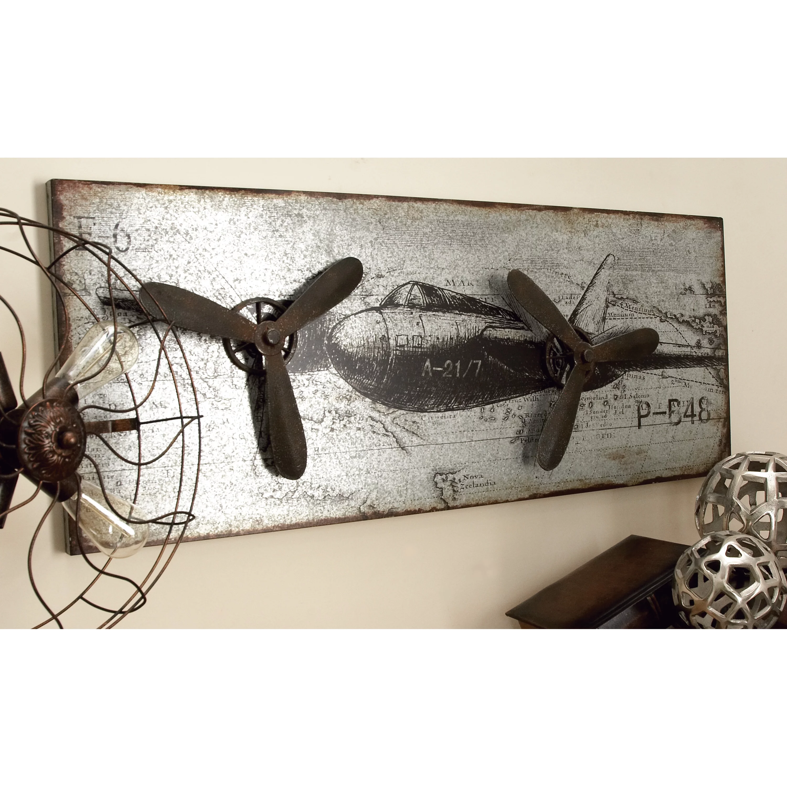 DecMode Silver Metal Propellor Airplane Wall Decor