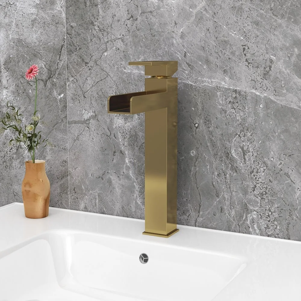 Homary Modern Brushed Gold Single Handle Waterfall Bathroom Vessel Sink Faucet Solid Brass