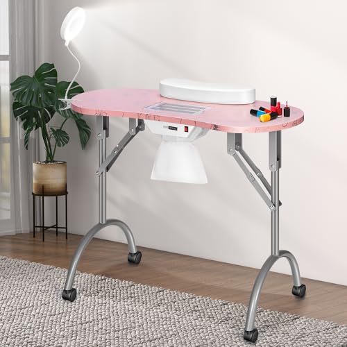 VIVOHOME Portable Manicure Nail Table on Wheels with Built-in Dust Collector, Updated USB-Plug LED Table Lamp, Carry Bag for Home Spa Beauty Salon Workstation, White