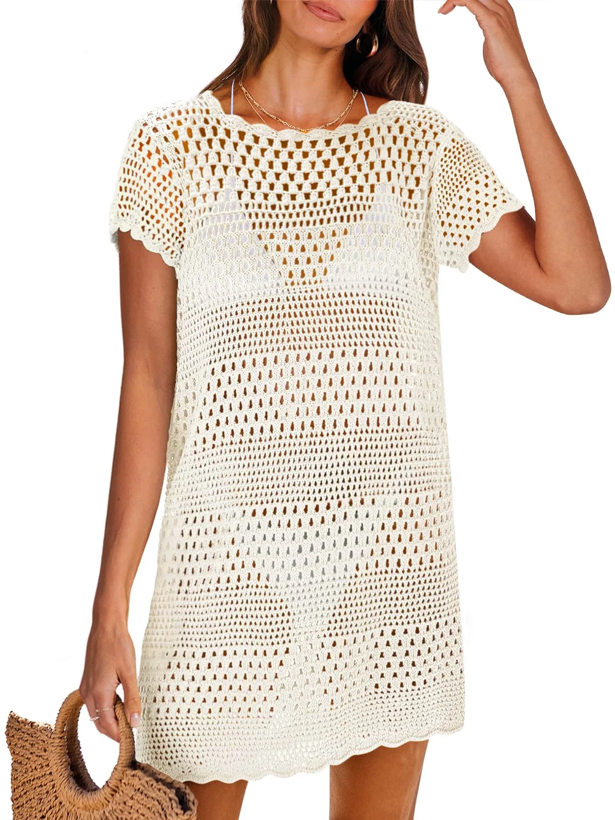 DAKIMOE Womens Swimsuit Cover Ups Summer Crochet Hollow Out Knit Bathing Suit Short Sleeve Pullover Beach Dresses, Beige, L