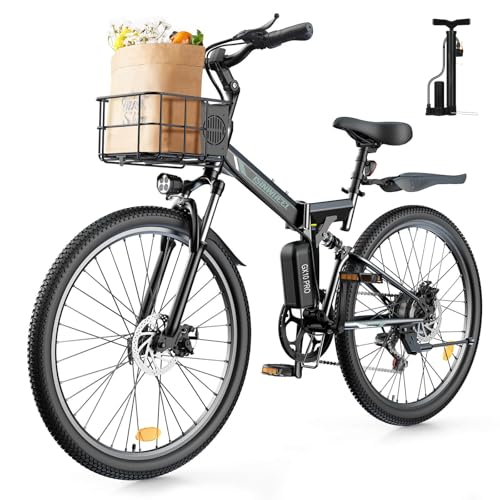 isinwheel M40 Folding Electric Bike for Adults 500W Ebike with Basket, Dual USB Charging Ports, Full Suspension, 7 Speed Gearshift, 20mph Foldable Electric Bicycles, 26