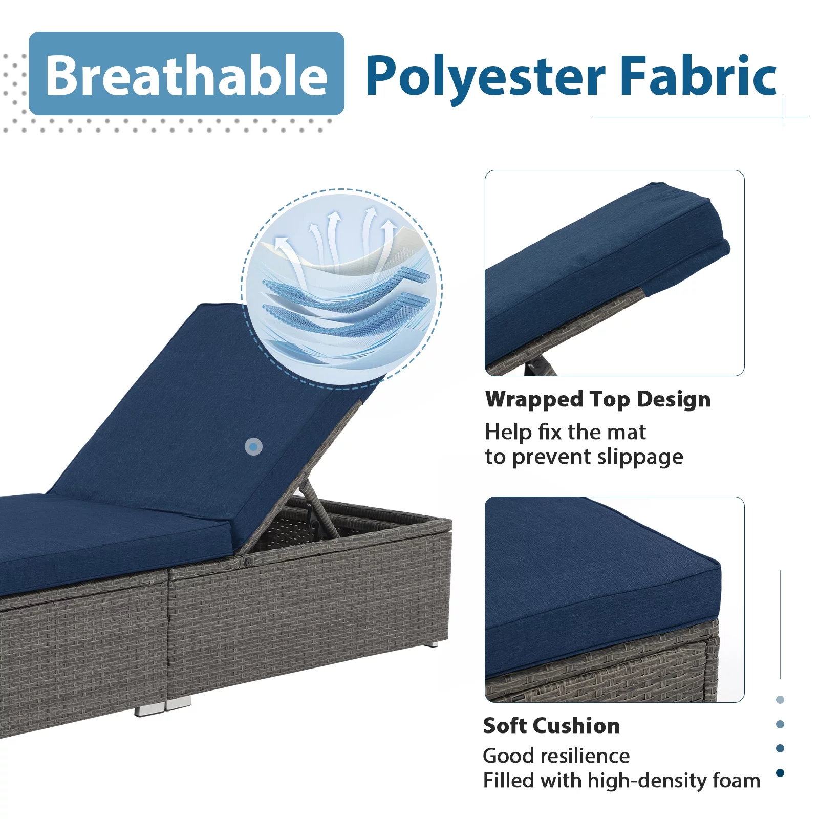 JOIVI Outdoor Chaise Lounge Chair, 3 Piece Patio Reclining Sun Lounger with Coffee Table, All Weather PE Rattan Adjustable Lounge Chair, Patio Pool Lounge Chairs with Removable Cushion, Navy Blue