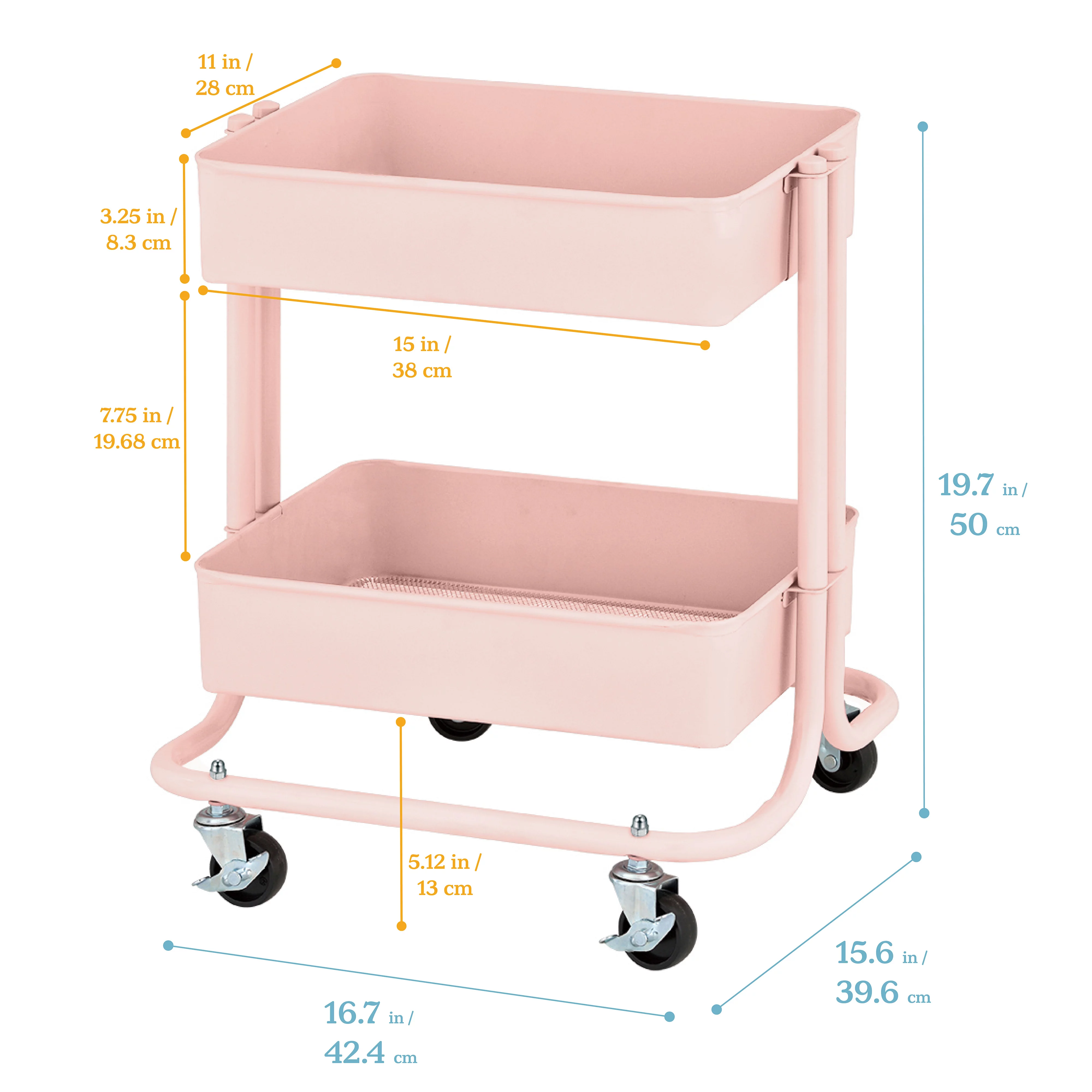 ECR4Kids 2-Tier Rolling Utility Cart, Multipurpose Storage, Pink