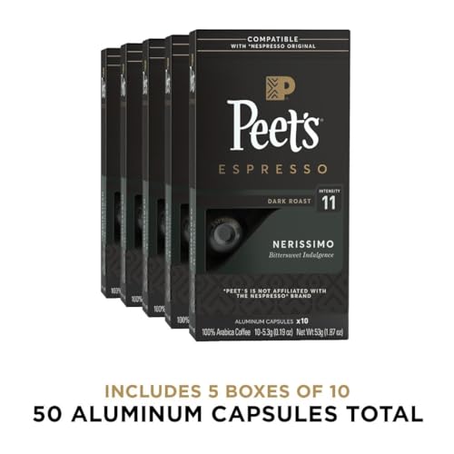 Peet's Coffee, Dark Roast Espresso Capsules, Compatible with Nespresso Original Machine - Nerissimo Intensity 11, 50 Count (5 Boxes of 10 Espresso Capsules)