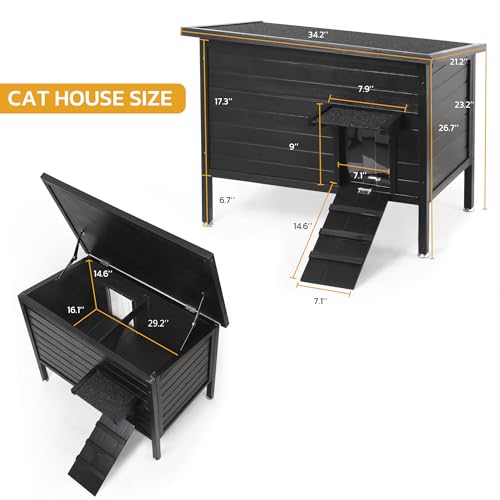 Outdoor Cat House Weatherproof, with Insulated All-Round Foam Wooden Cat Shelter for Winter Outside, with Escape Door/PVC doorstrip/Adjustable Foot Pads. Large Size 34.2