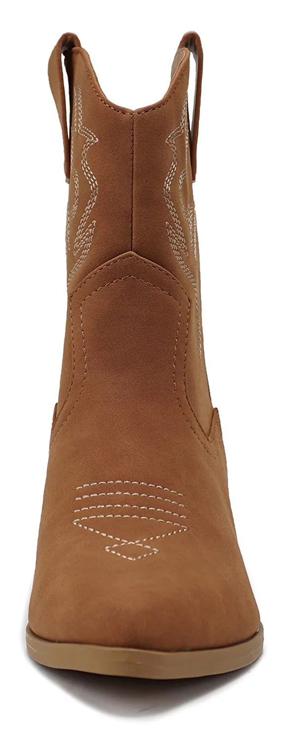 Soda Women Cowgirl Cowboy Western Stitched Ankle Boots Pointed Toe Short Booties High Top Blazing Brown Light Cognac 7.5