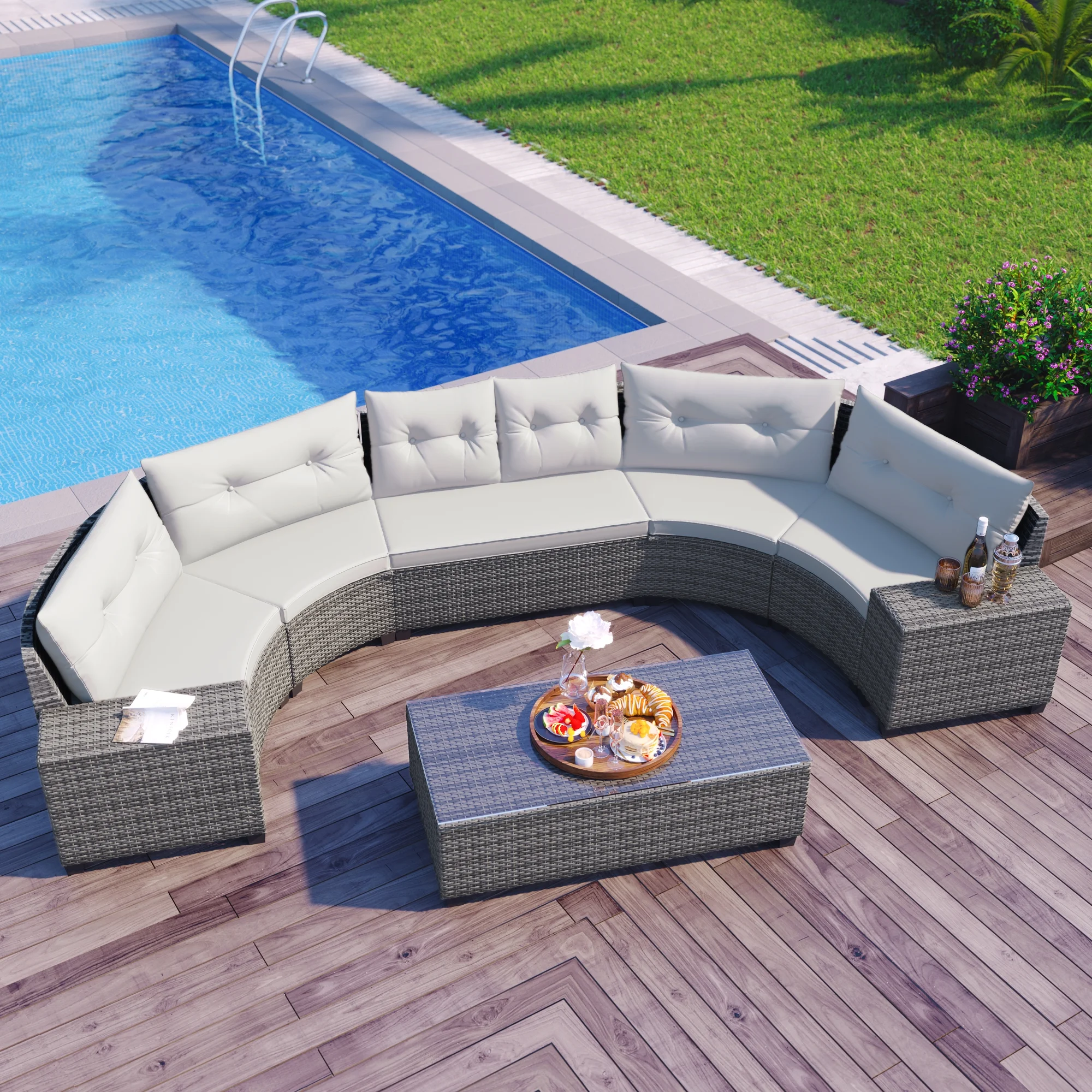 EUROCO 8 Piece Rattan Sectional Sofa Set,Curved  Outdoor Conversation Set,All-Weather Wicker with Removable Cushions & Coffee Table,Mordent Furniture Couch Set for Patio Deck Garden Pool,UV Protected
