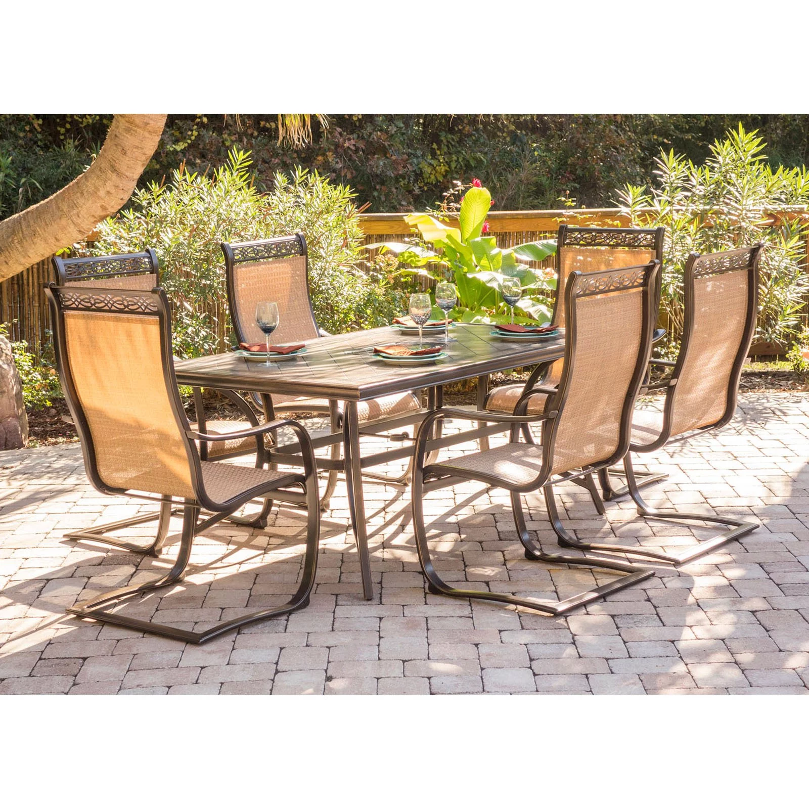 Hanover Outdoor Monaco 7-Piece Tile-Top Dining Set with Sling Stationary Chairs and Umbrella with Stand, Cedar