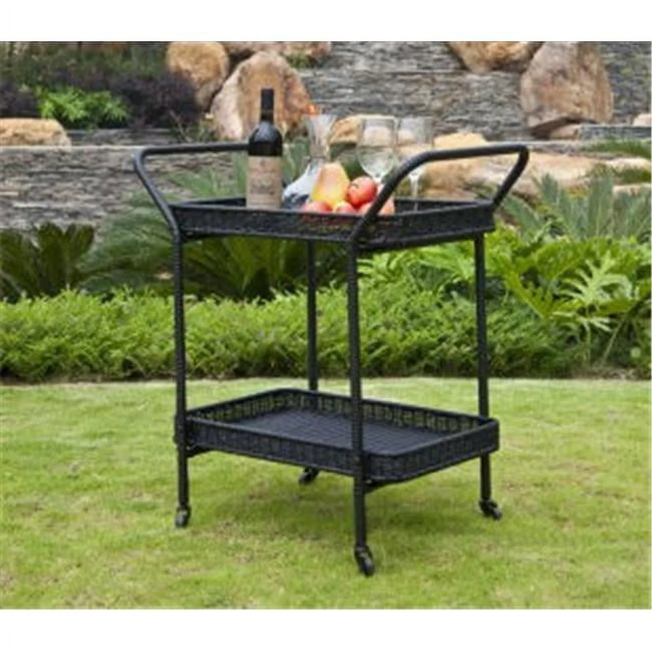 Wicker Lane ORI002-D Outdoor Black Wicker Patio Furniture Serving Cart