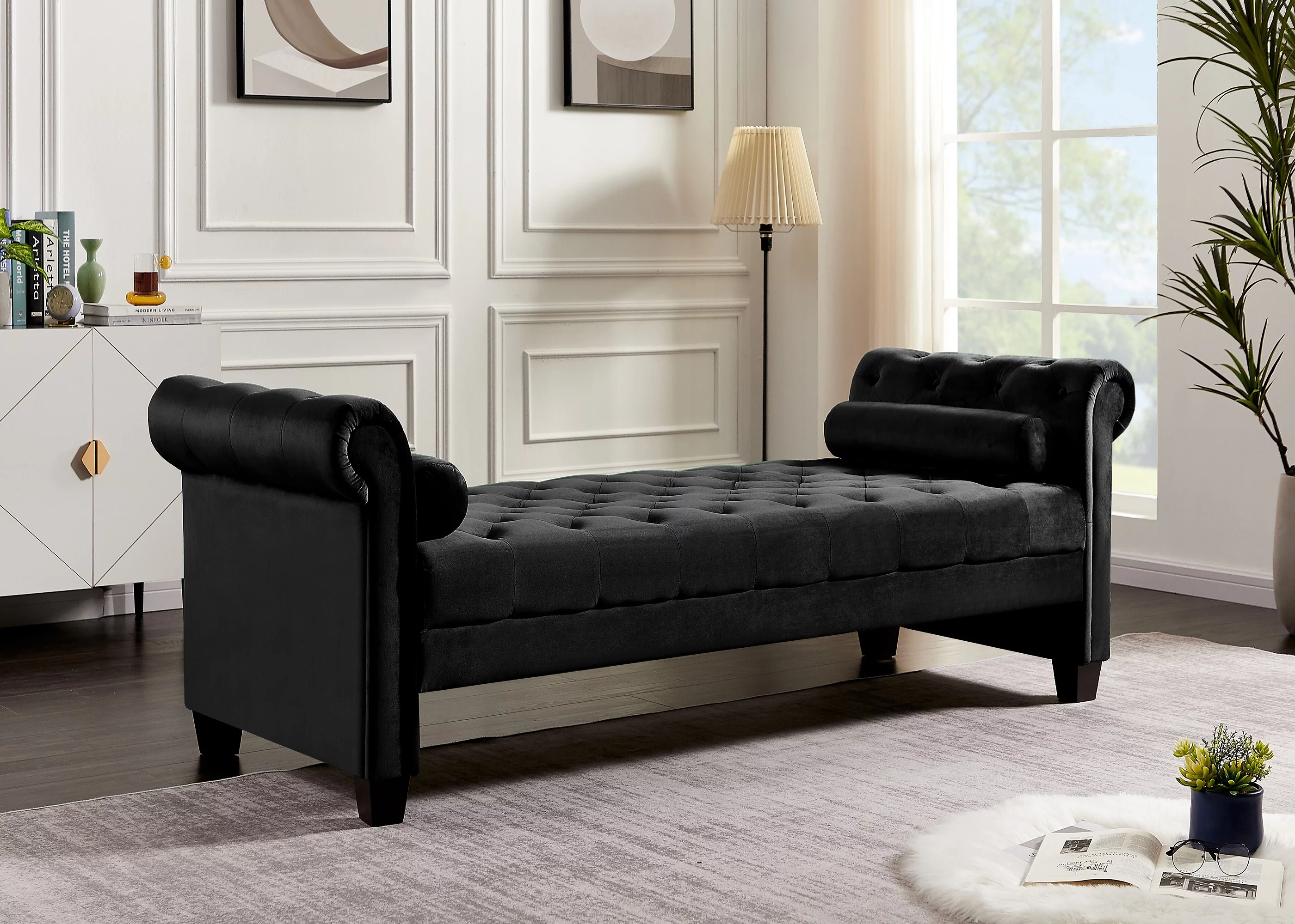 HUTWIFE 82 Inch End of Bed Bench, Button Tufted Sofa Stool Bench Upholstered Velvet Bench,Black