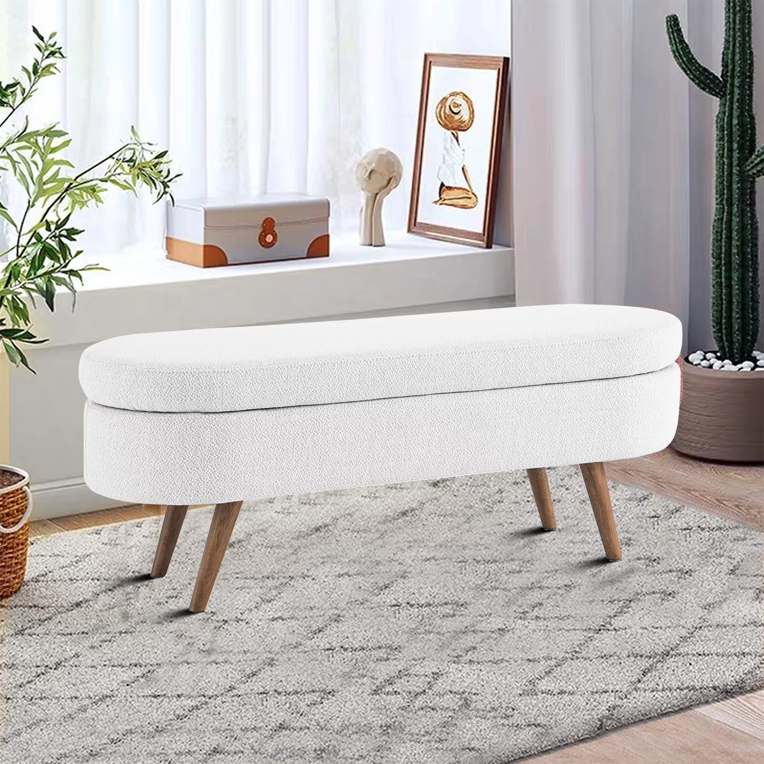 Minimalist Leisure Linen Fabric Oval Storage Bench with Rubber Wood Legs, White