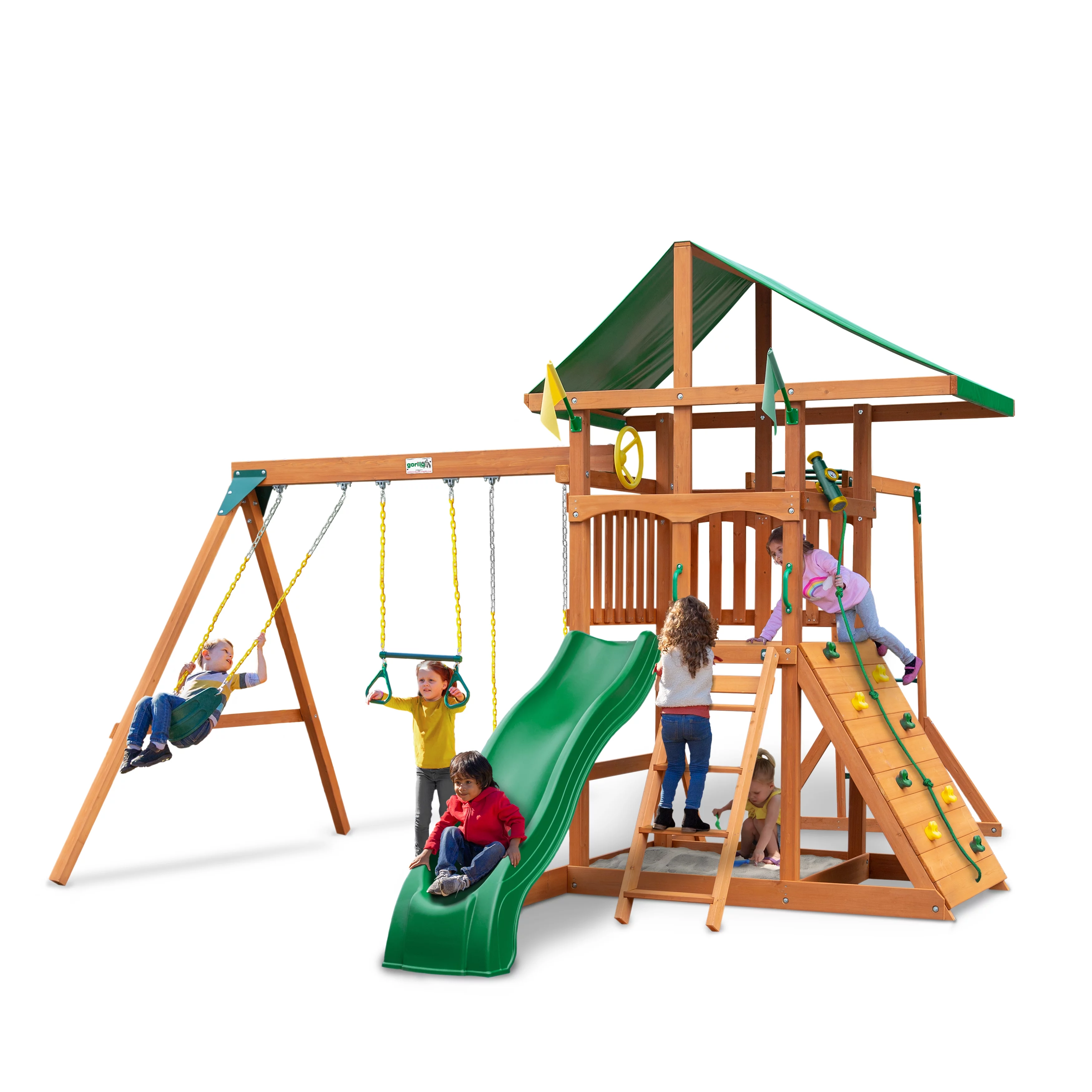Gorilla Playsets Avalon Swing Set with Vinyl Canopy, Monkey Bars, Climbing Wall and Wave Slide, Amber