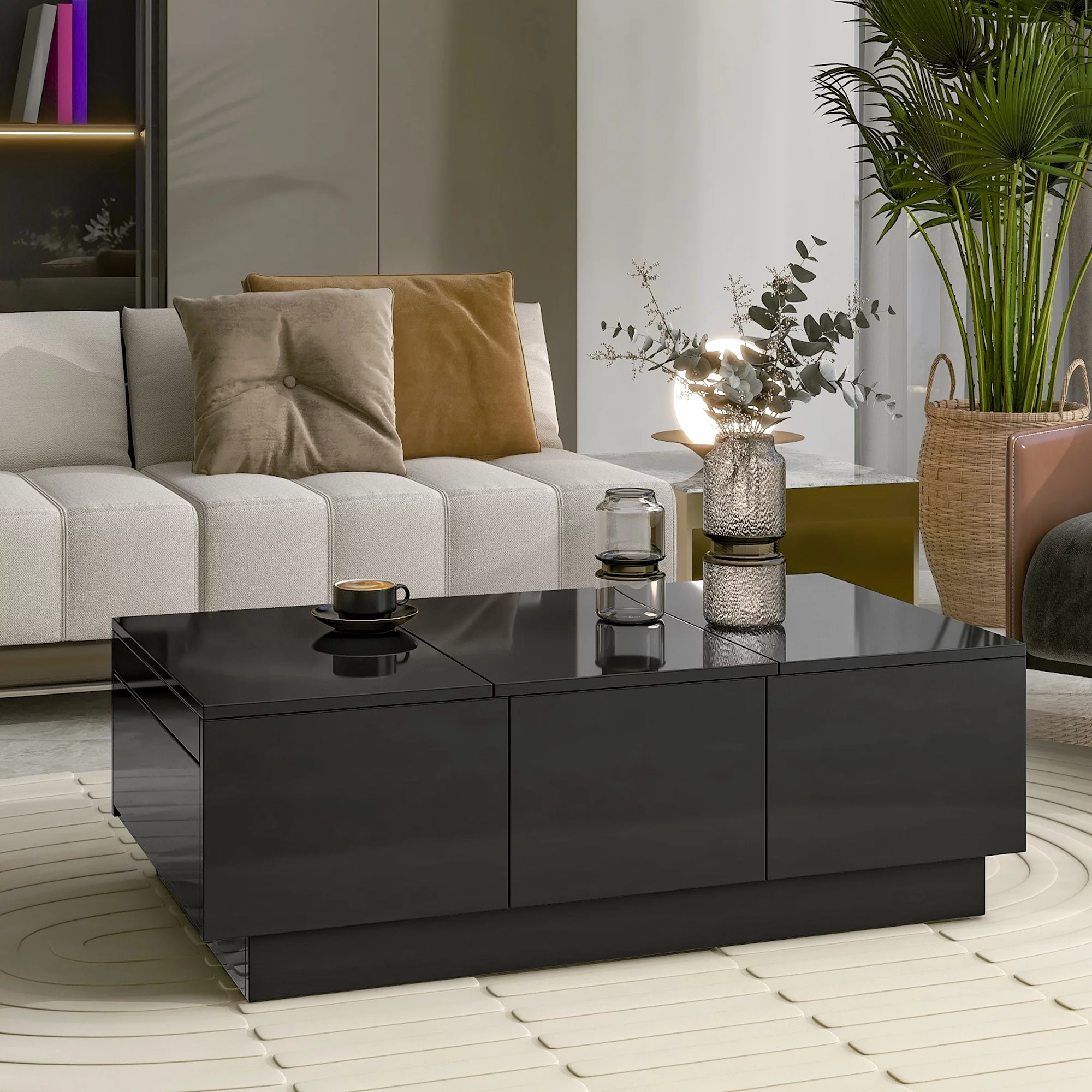 ON-TREND Multifunctional Coffee Table with 2 large Hidden Storage Compartment, Extendable Cocktail Table with 2 Drawers, High-gloss Center Table with Sliding Top for Living Room, 39.3
