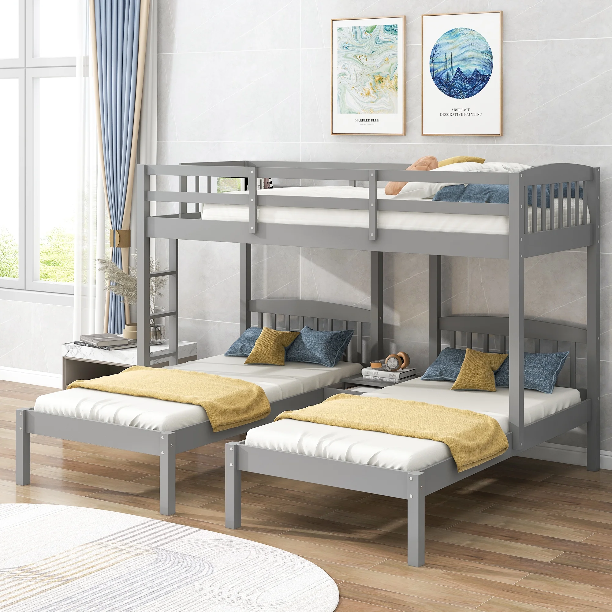 Churanty Triple Bunk Beds 3 Twin Solid Wood Bunk Beds with Guardrail and Ladder, Twin Over Twin Bunk Bed with Built-in Middle Drawer for Kids Teens Boys Girls