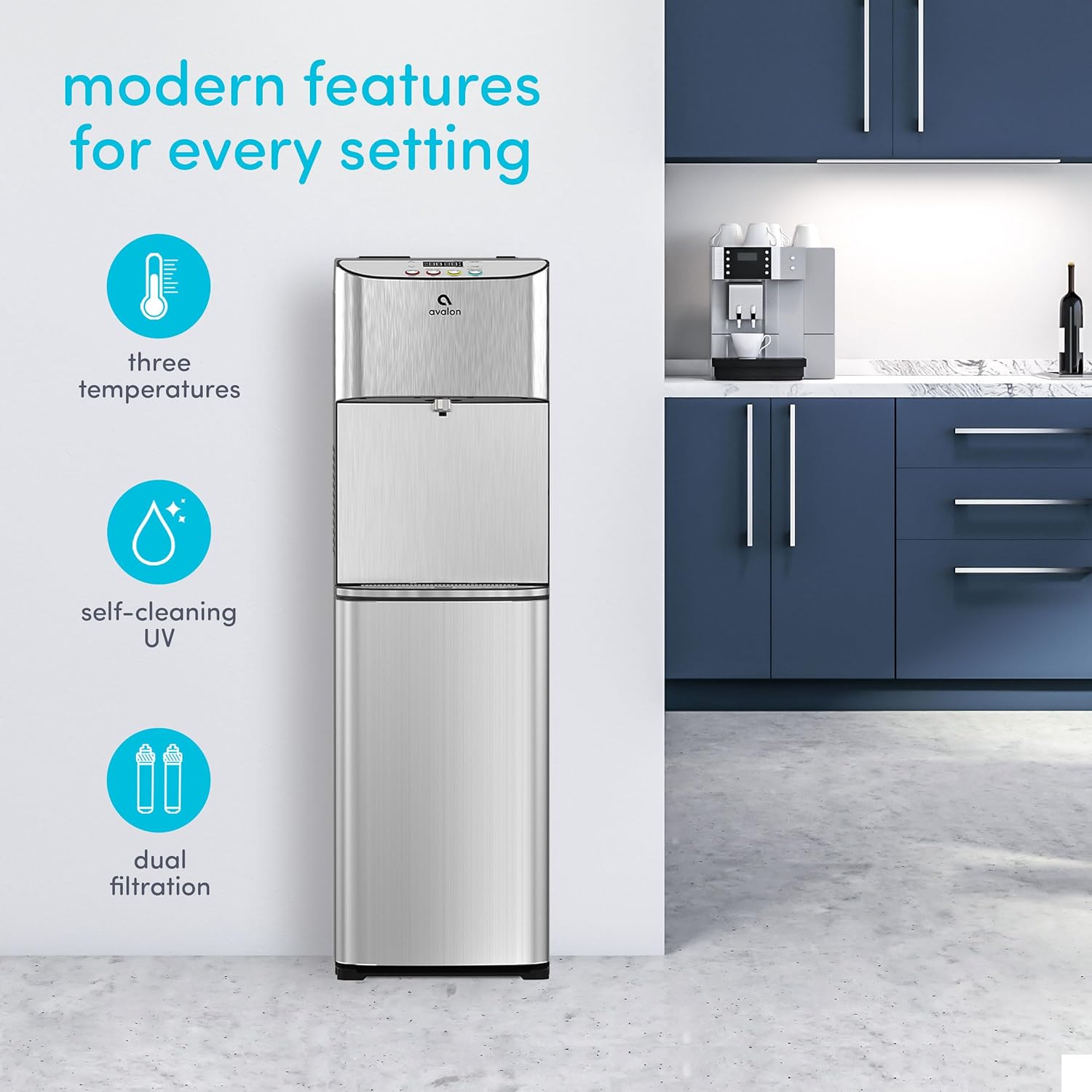 Avalon Electric Bottleless Water Cooler Water Dispenser - 3 Temperatures, Digital Clock with Temperature Control, Self Cleaning, Stainless Steel