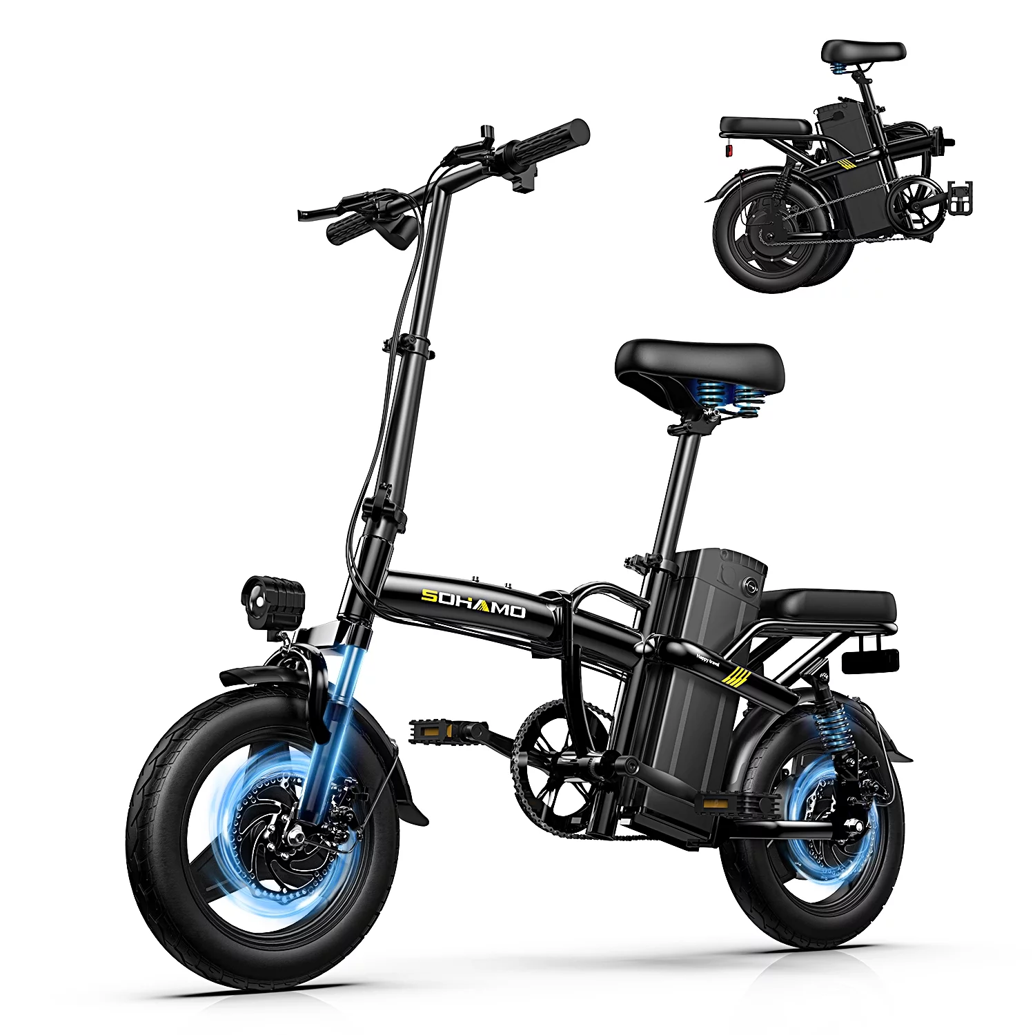 SOHAMO Electric Bike w/400W Motor and 48V 13Ah Removable Battery Folding Ebike for Adults and Teens, Full Suspension, 3 Levels Assist, 14