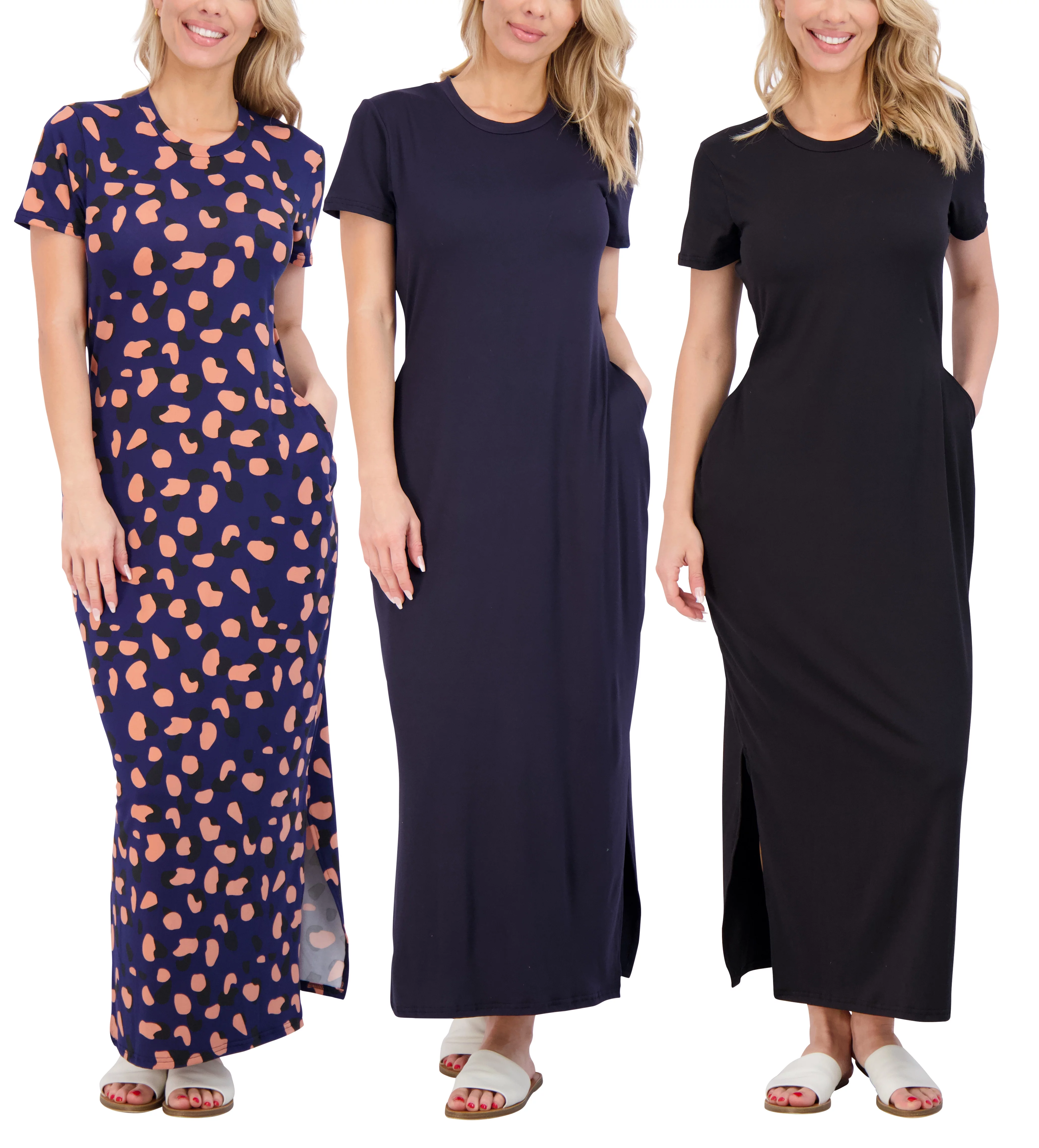 3-Pack: Women’s Casual Short Sleeve Maxi Dress – Summer Dress with Slit & Pockets (Available in Plus Size)