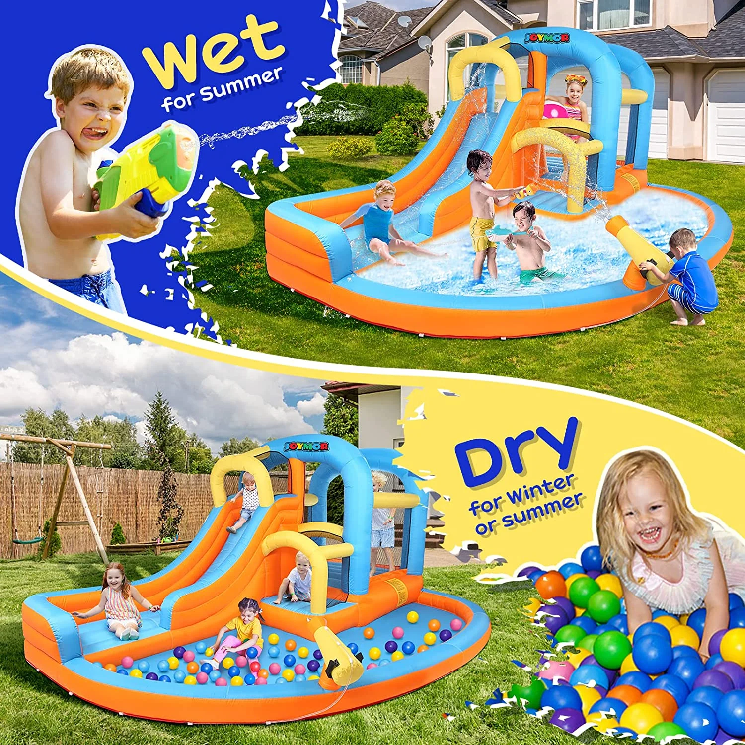 JOYMOR 5-in-1 Inflatable Water Slide Park, Water Bounce House w/Air Blower, Climbing Wall, Double Jump Area , Splash Pool, Water Cannon, Wet or Dry Combo Castle Outdoor Backyard Playhouse for Kids
