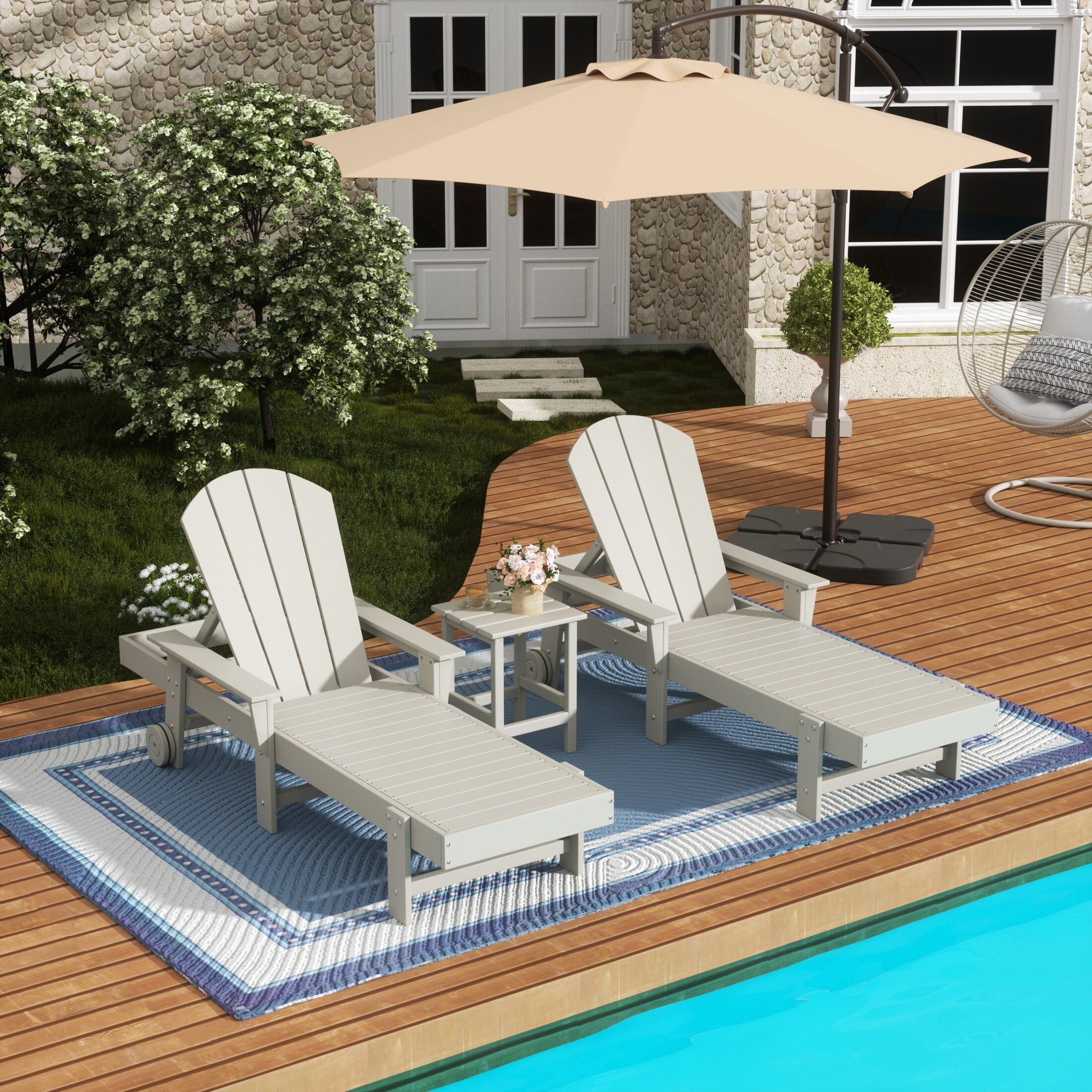 Polytrends  Laguna All Weather Poly Pool Outdoor Chaise Lounge Set - with Square Side Table (3-Piece) Sand