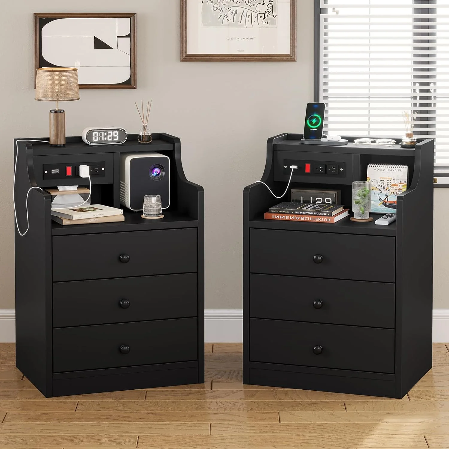 Nightstand Set of 2 with Charging Station, Bedside Table with Hutch and Storage Drawers, Black