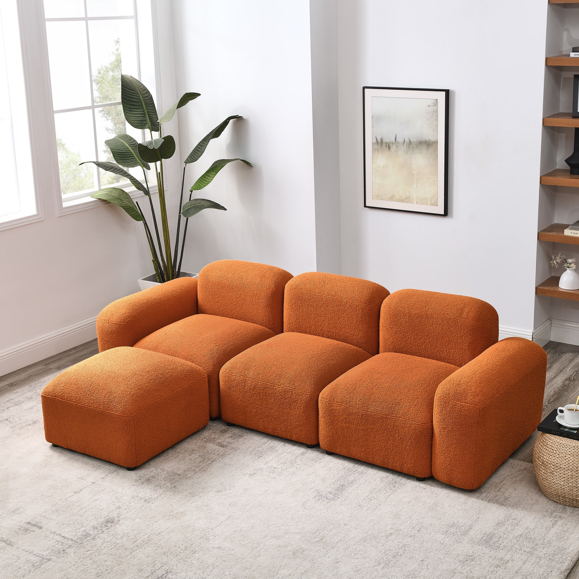 Euroco L-Shape Modular Sectional Sofa, Convertible Sofa with 2 Pillows, Free Combination Couch,Teddy Fabric, Orange