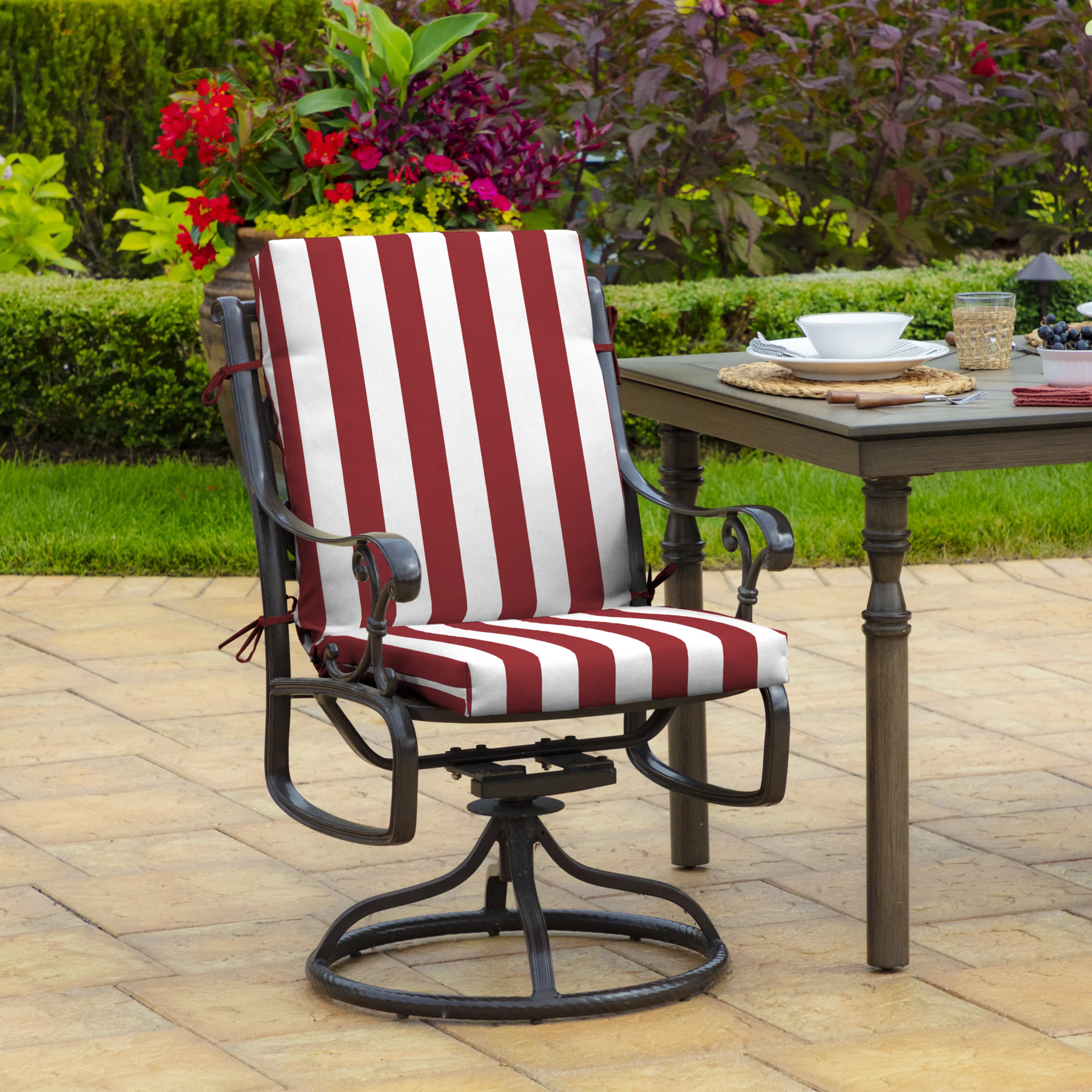 Arden Selections Outdoor Dining Chair Cushion 20 x 20, Ruby Red Cabana Stripe