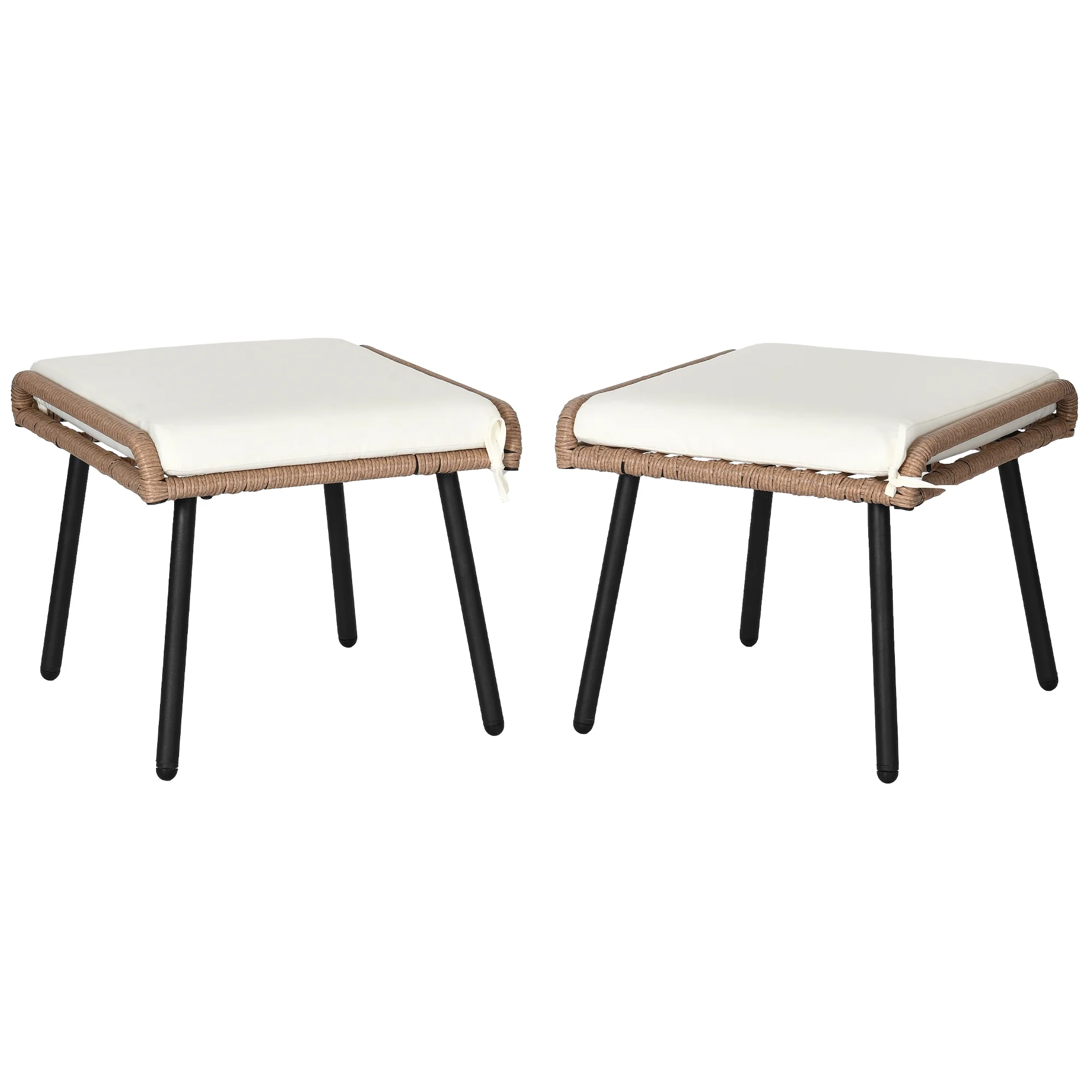 DWVO Set of 2 Patio Wicker Rattan Ottoman Footrest Garden Outdoor w/ Cushion - Beige