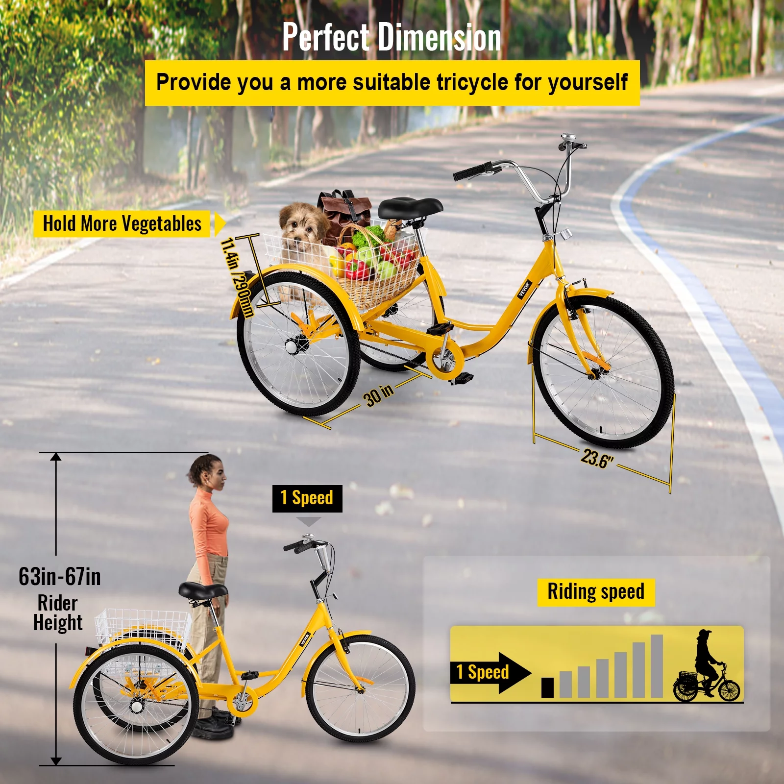 VEVOR Adult Tricycle 24 inch, 1-Speed Three Wheel Bicycles for Adult with Bell Brake System & Cargo Basket , Yellow