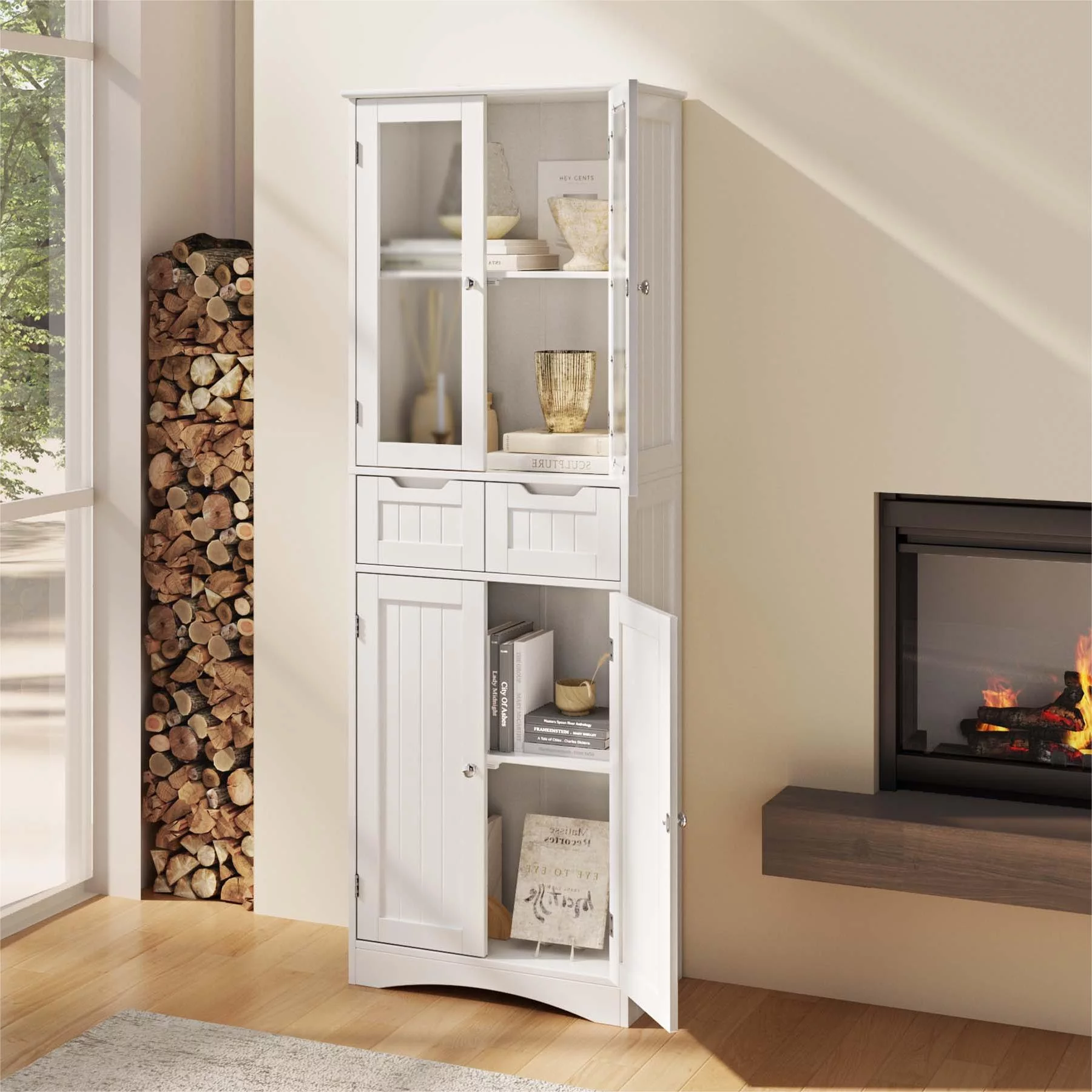 Tall Kitchen Storage Cabinet with 2 Drawers, Lofka Freestanding Pantry Cabinet with Glass Doors, White