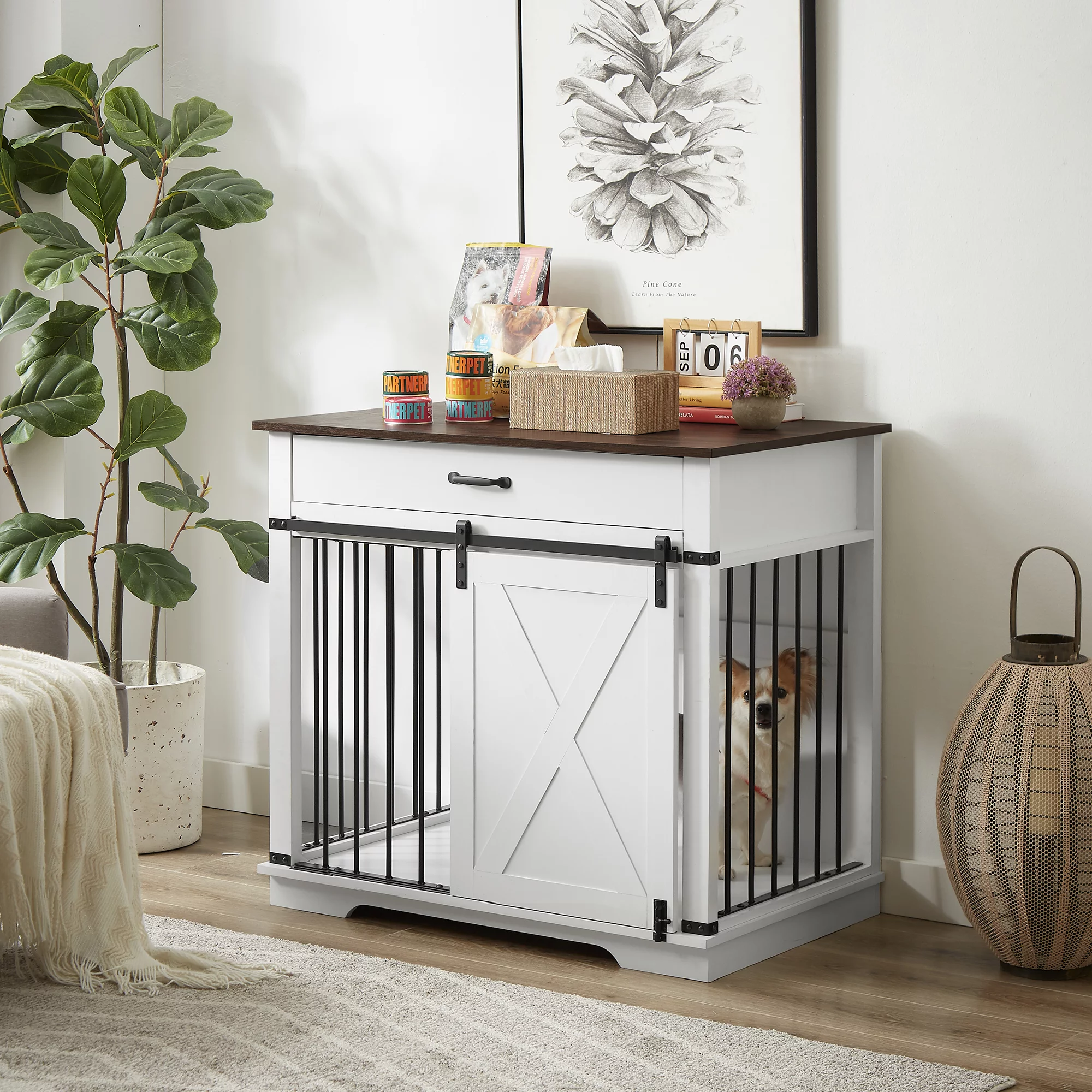 HUTWIFE Wooden Dog Crate with Sliding Barn Door, Wooden Pet Crate End Table, Dog Cage for Medium Dogs, White