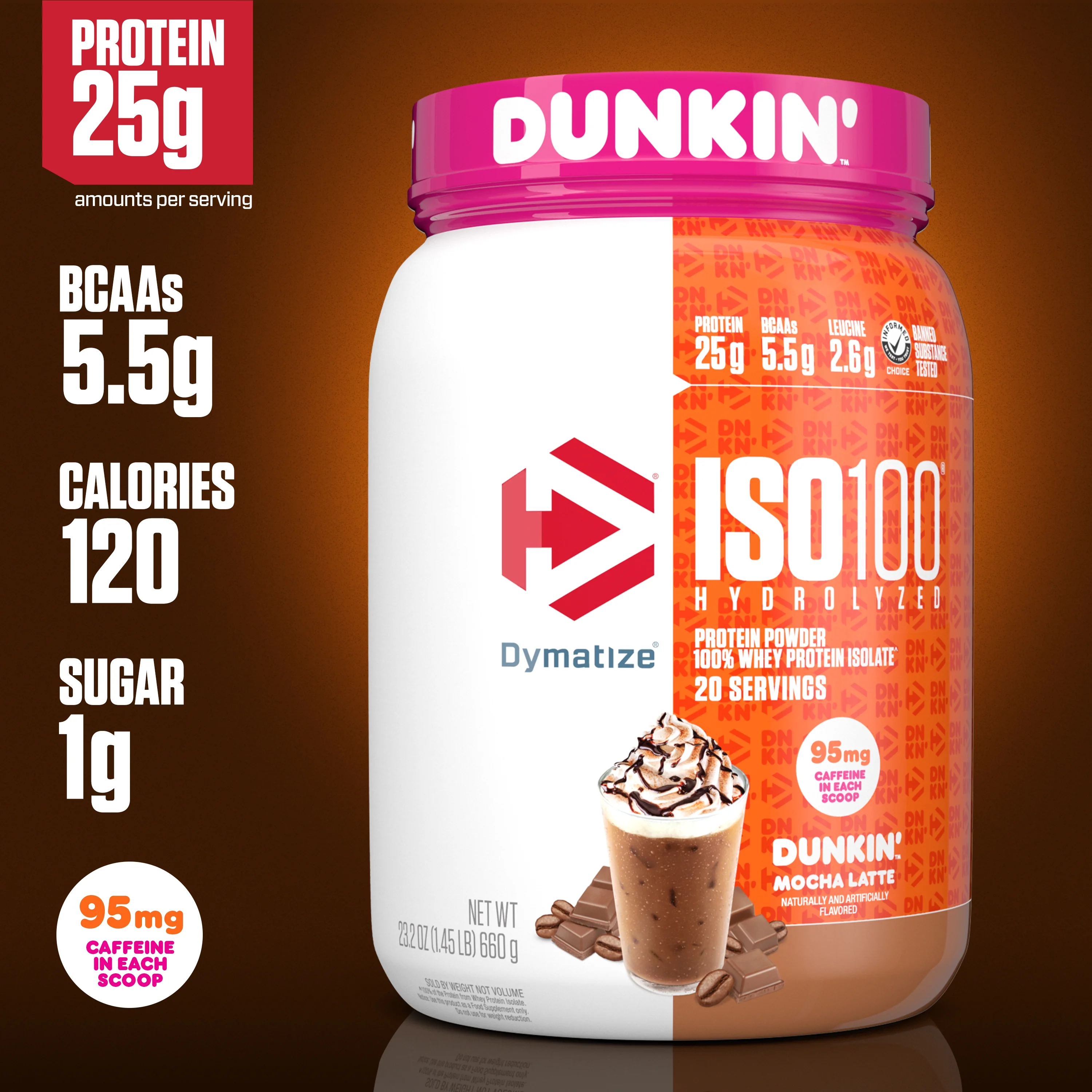 Dymatize ISO100 Hydrolyzed Whey Isolate Protein Powder, Dunkin' Mocha, 25g Protein, 20 Serv