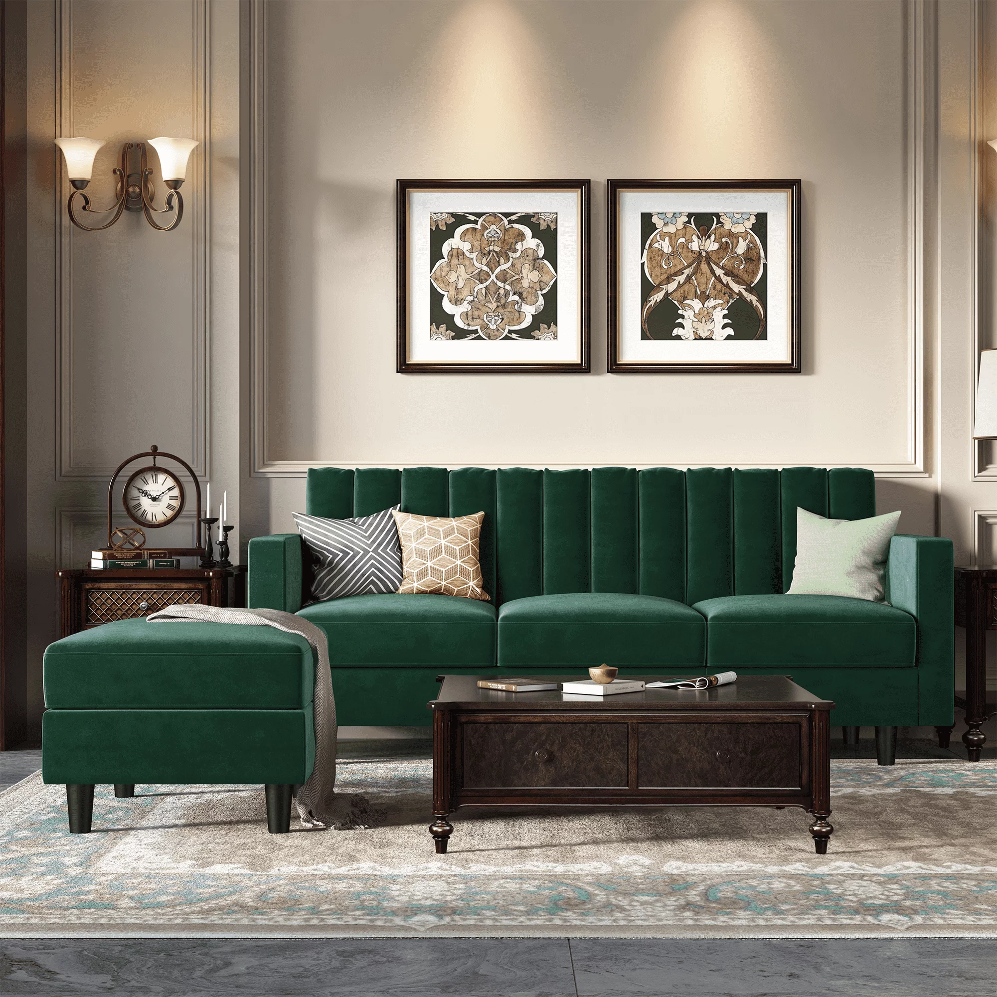 HONBAY Mid-Century Velvet Sectional Sofa Couch with Double Chaise with Ottoman, Green