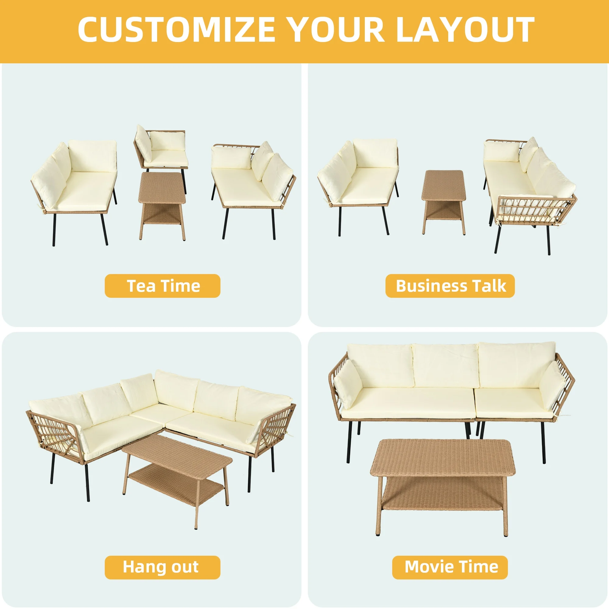 DWVO Patio Wicker Sofa set, Outdoor Boho Sectional Furniture L-Shaped Sofa with Beige Cushions and 2-tier PE Rattan Side Coffee Table - Beige