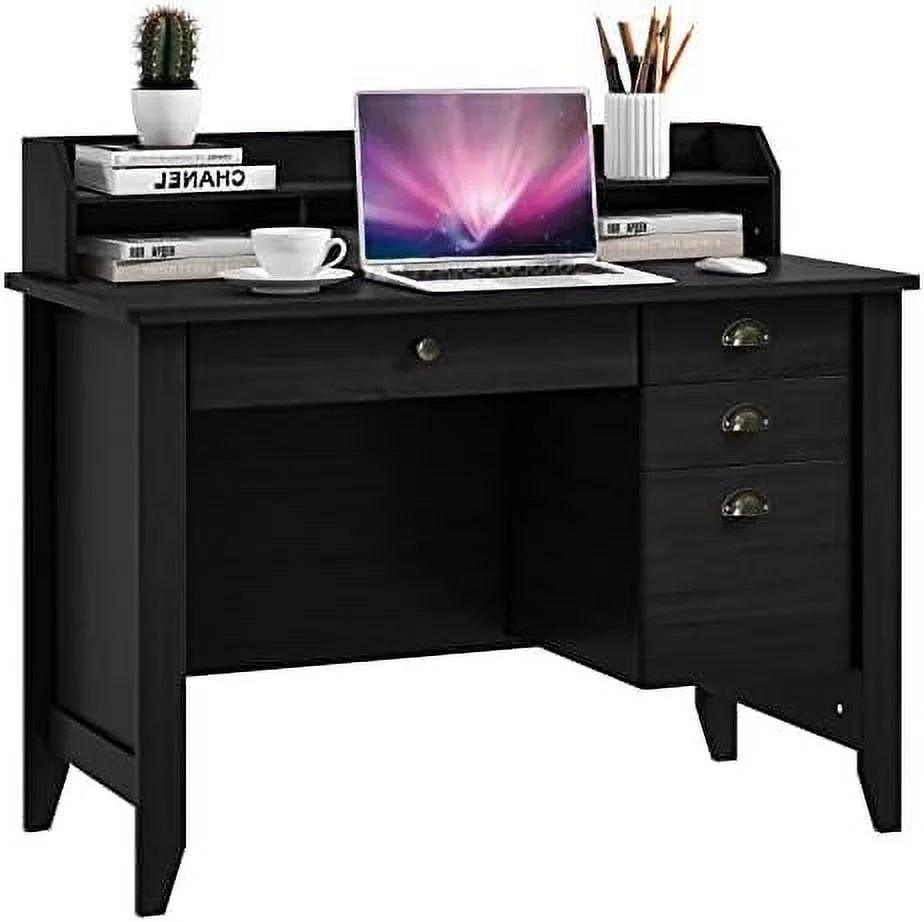 Computer Desk with 4  Drawers and Hutch  48\u201D Vintage Desk with File Drawer & Monitor Stand   Office Executive Desk Workstation Writing Study Table (Brown)