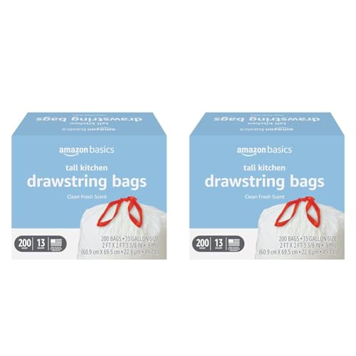 Amazon Basics Tall Kitchen Drawstring Trash Bags, 13 Gallon, 120 Count, Pack of 1
