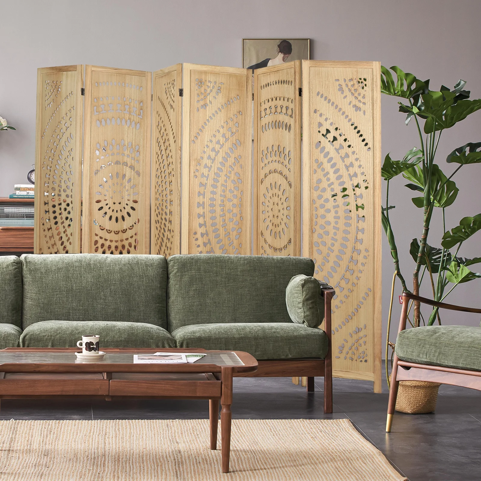 Fionafurn Panel Carved Wood Room Dividers 5.6FT Room Divider and Folding Privacy Screen Freestanding Wooden Screen Room Divider Room Separation for Bedroom Living Room Office Restaurant(Natural)