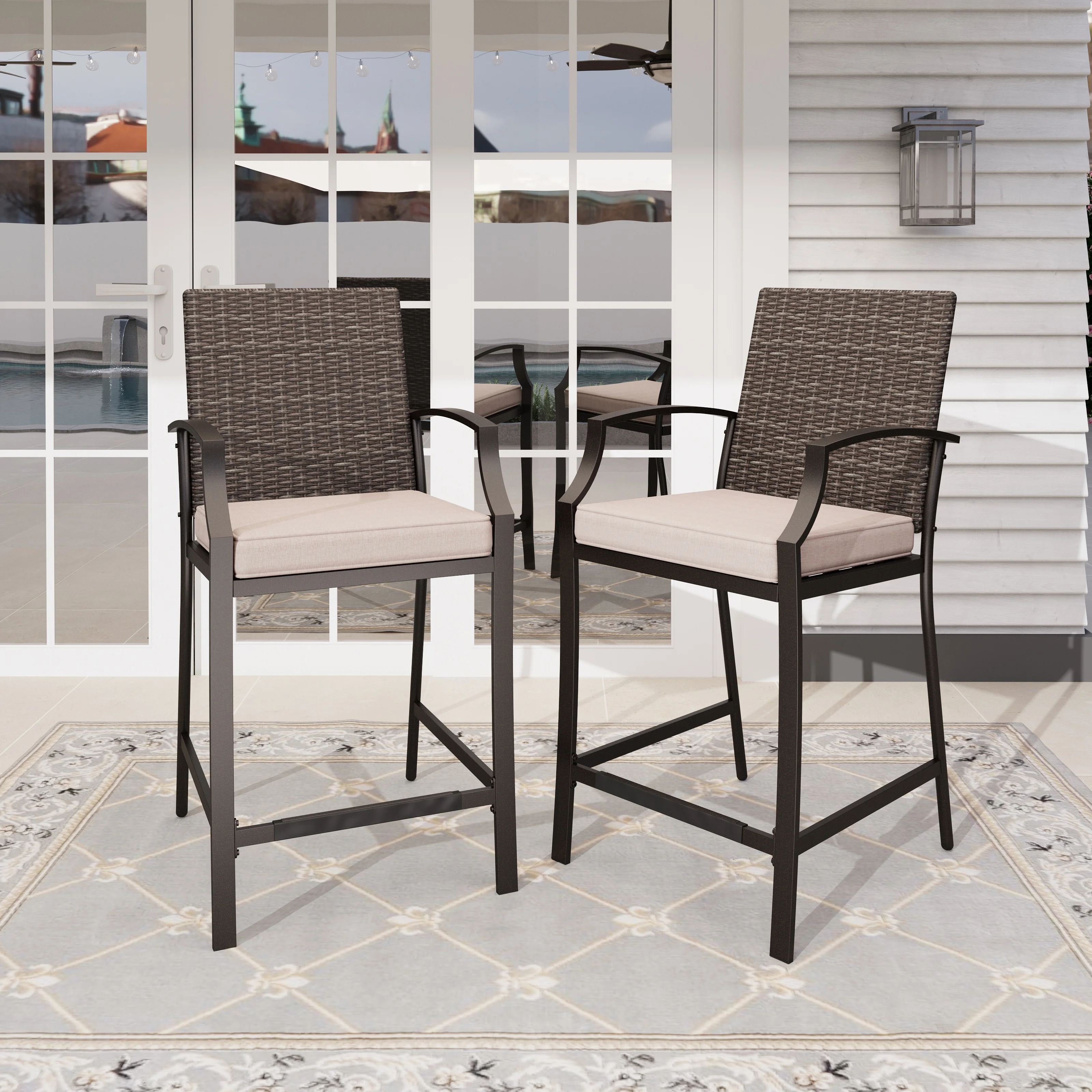 Sophia & William Patio Outdoor Wicker Rattan Bar Stools Set of 2 Height Chairs, Cushion