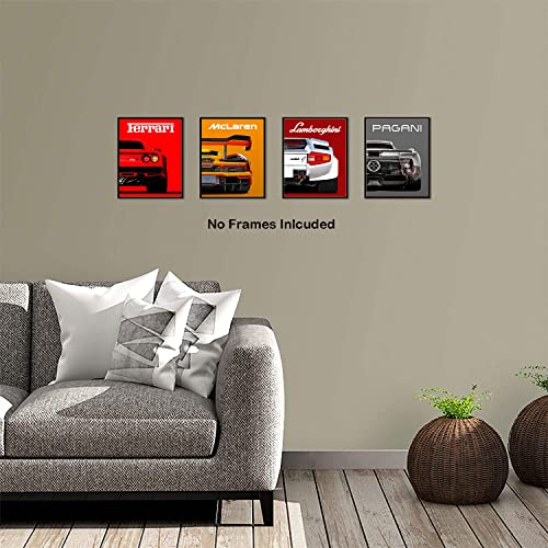 Modern Car Posters Classic Supercar Wall Art Prints, Cool Racing Ferrari Lamborghini McLaren Pagani Canvas Posters for Man Cave Boys Room Wall Decor, Sports Car Art Prints, Set of 4 (8
